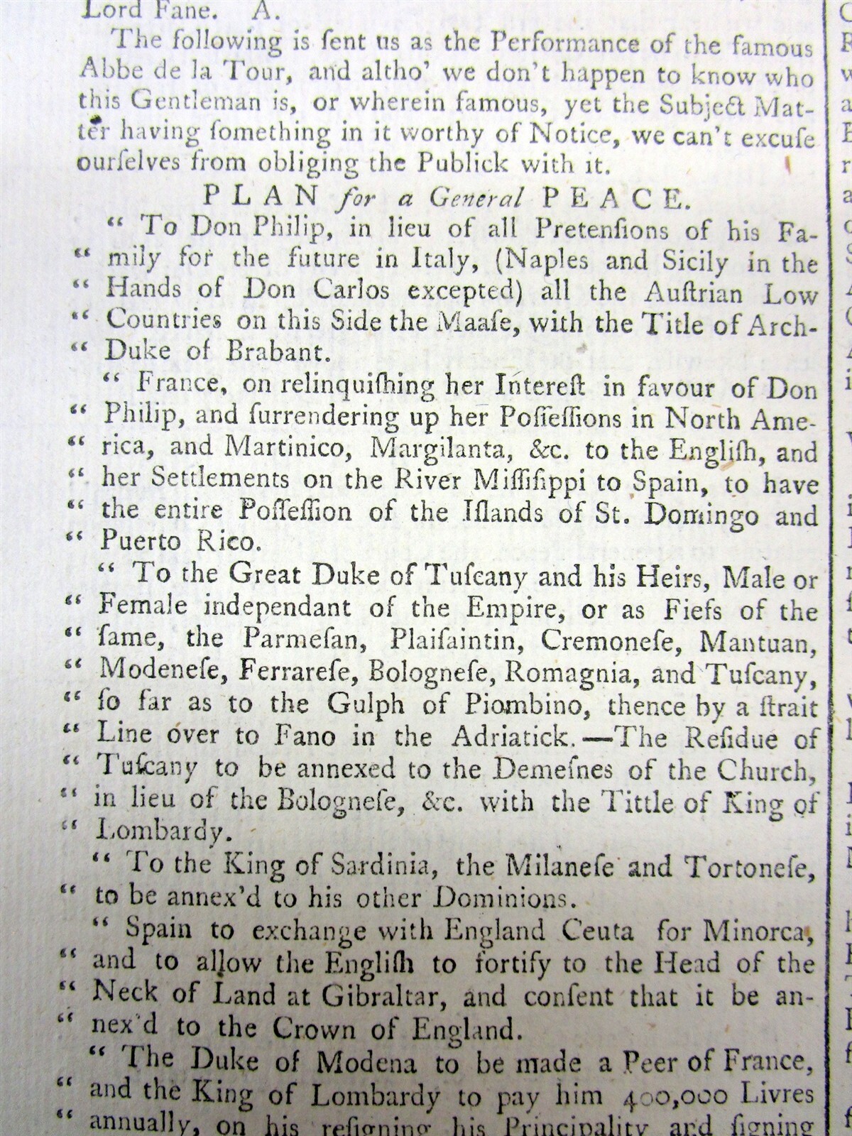 1746 newspaper w PEACE TERMS to END Early American Colonial War incl SLAVE TRADE