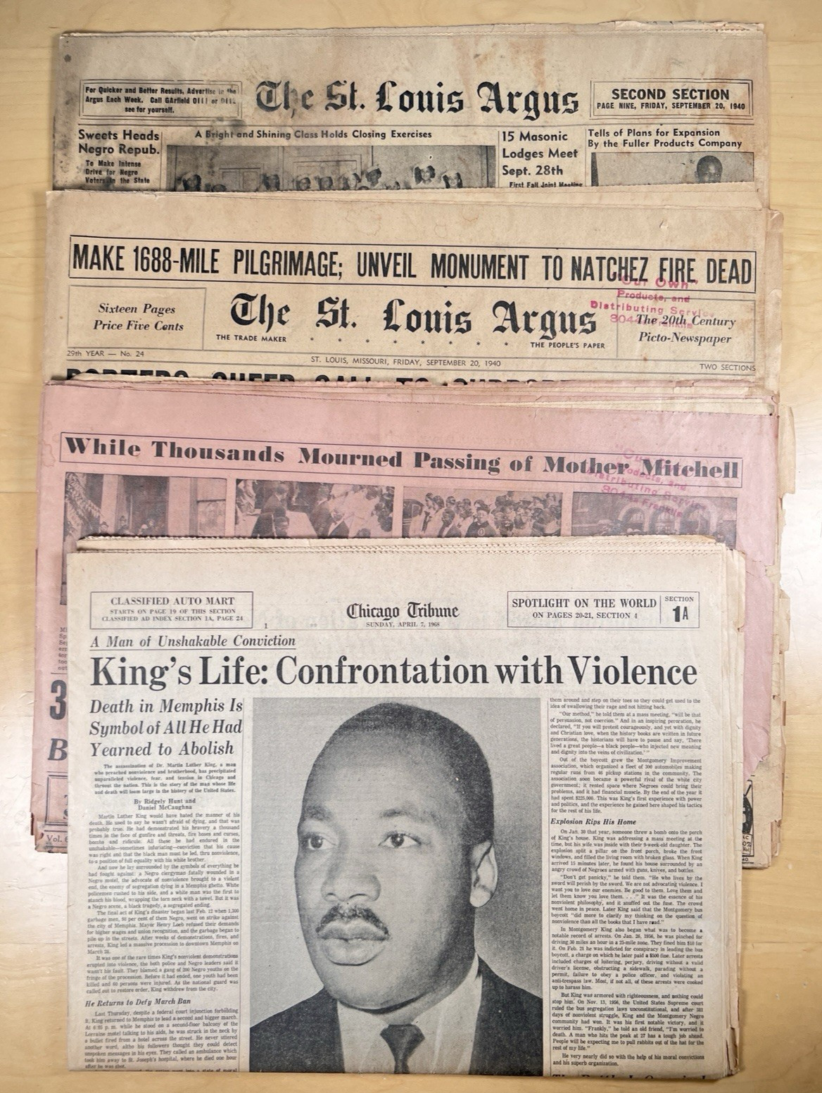 1940s St. Louis ARGUS Newspapers & 1968 Chicago Tribune Front Page King’s Life