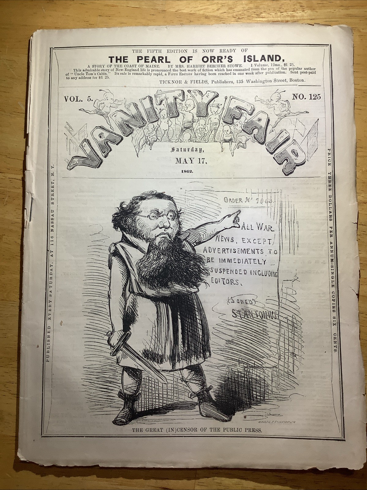 1862 RARE CIVIL WAR VANITY FAIR NEWSPAPER ~ EDWIN STANTON