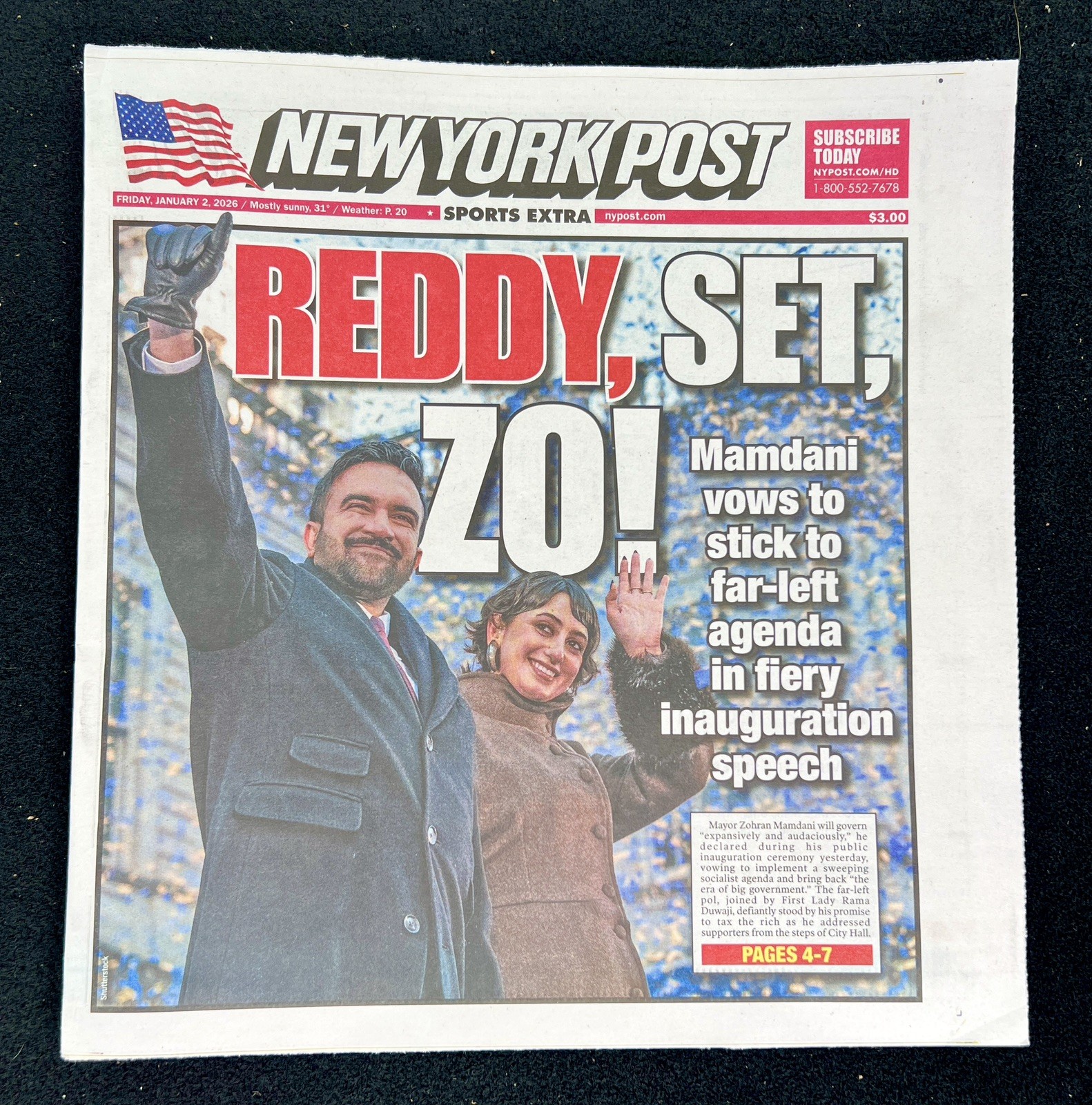 REDDY, SET, ZO – MAMDANI NEW YORK CITY MAYOR – NEW YORK POST NEWSPAPER 1/2/2026
