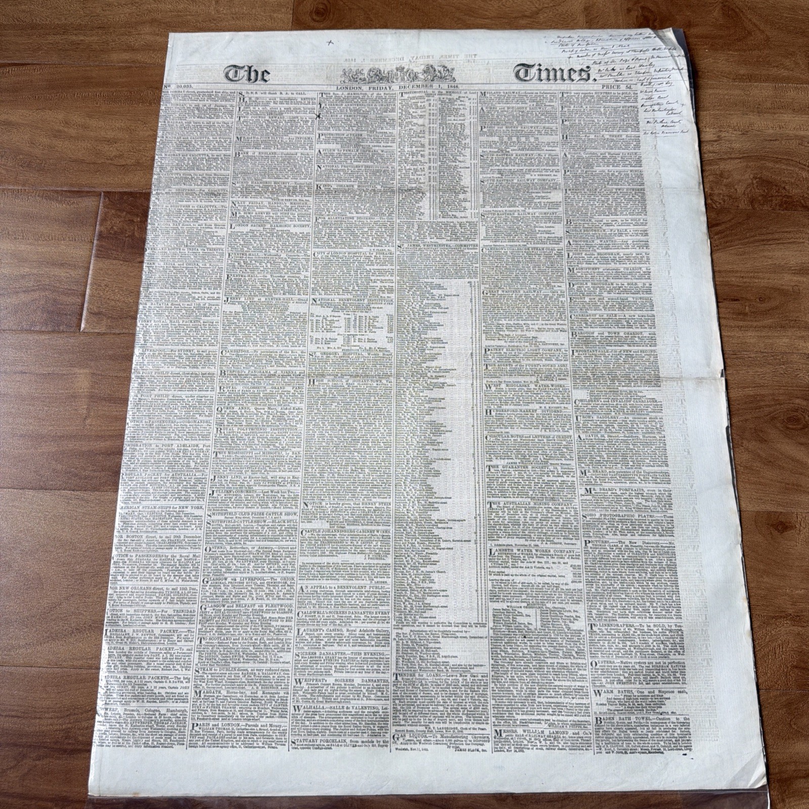 December 1 1848 THE LONDON TIMES Antique Early Victorian ORIGINAL Newspaper