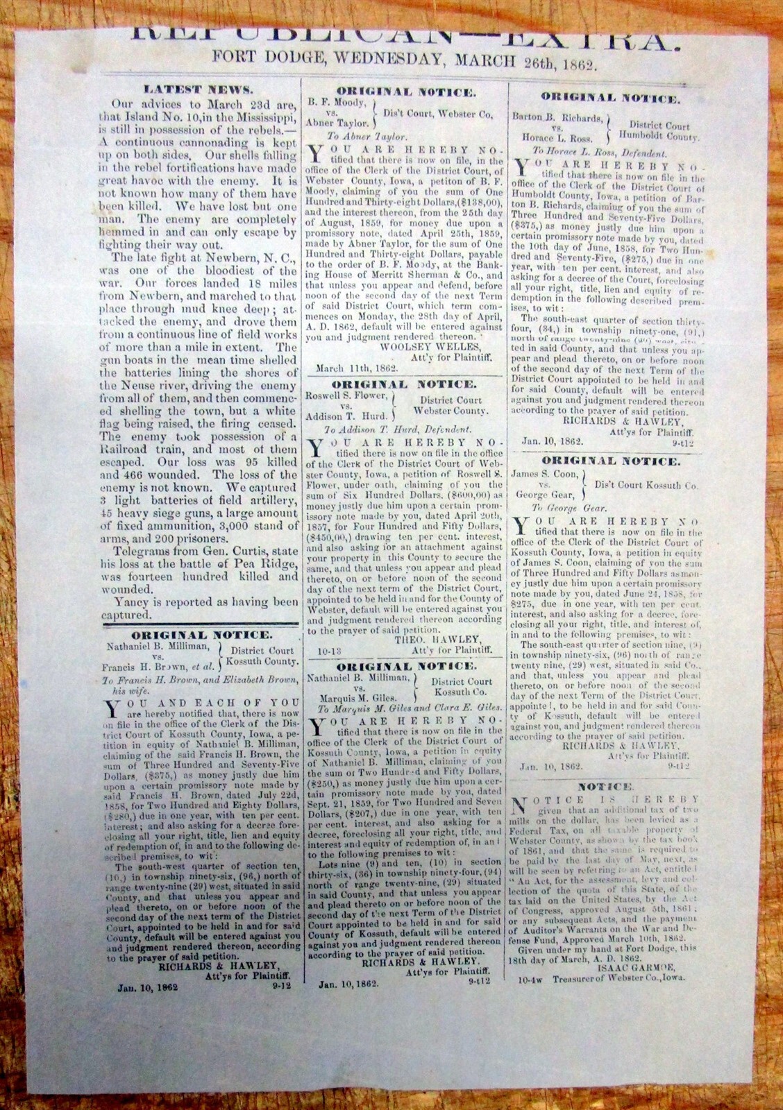1862 FT Dodge IOWA Civil War BROADSIDE “EXTRA” newspaper- BATTLE of NEW BERNE NC