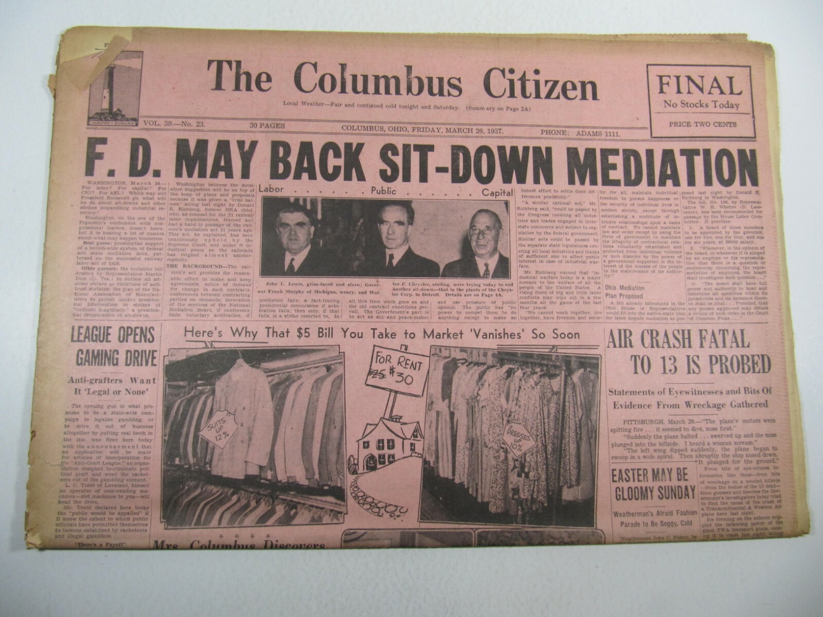 Columbus Citizen Newspaper Friday March 26, 1937- Not complete-Section A only