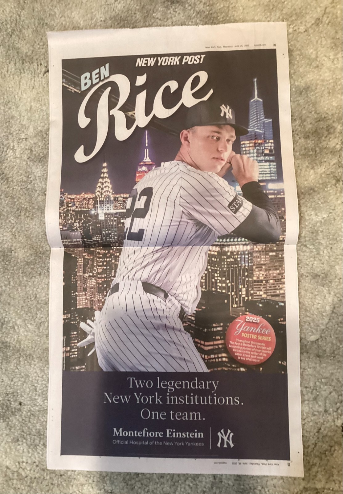 MLB Yankee Players Posters, Set of 24 from NY Post Centerfolds, March-Sept, 2025