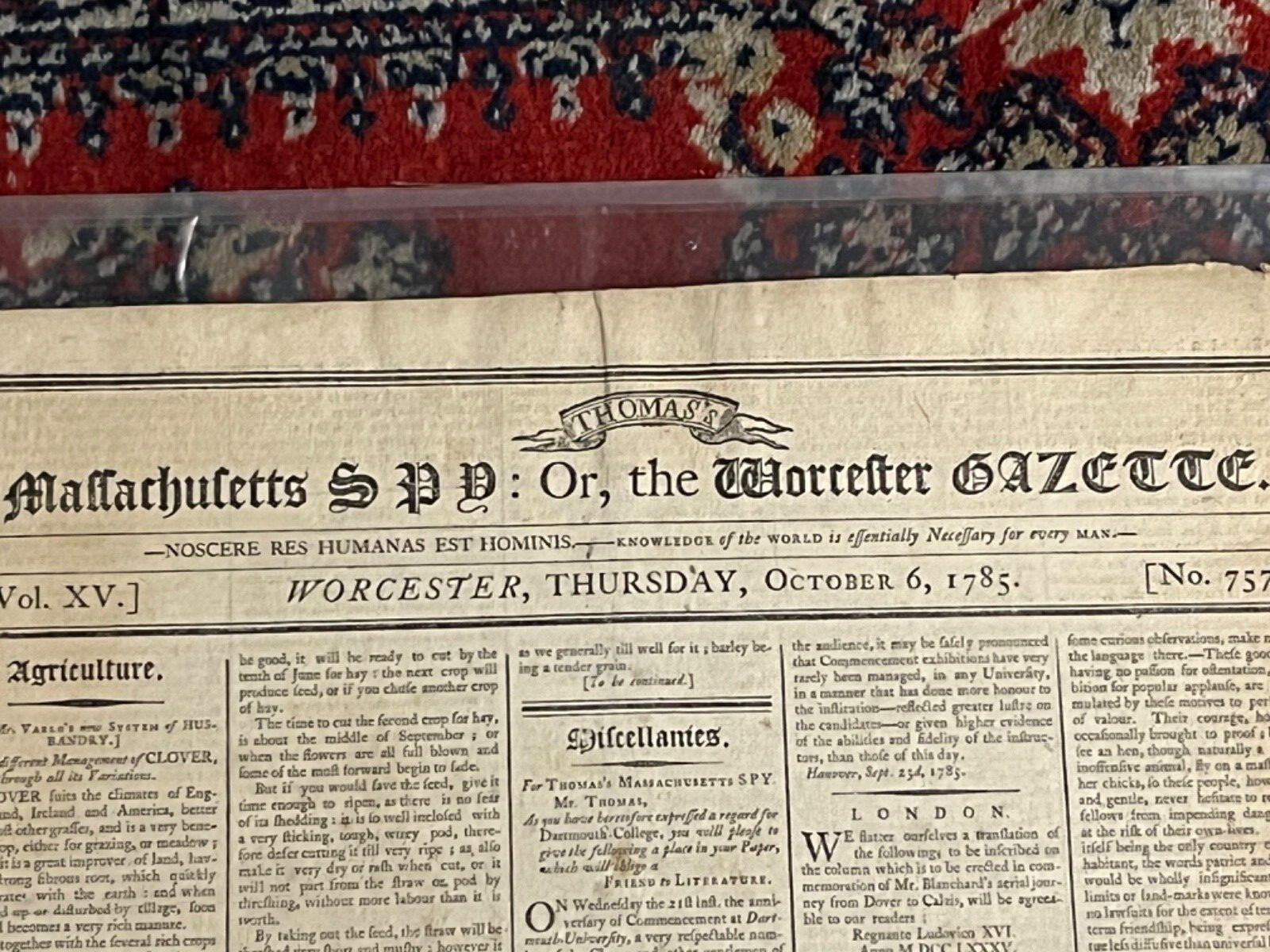 1785 Massachusetts Spy or Worcester Gazette newspaper Dartmouth College grads