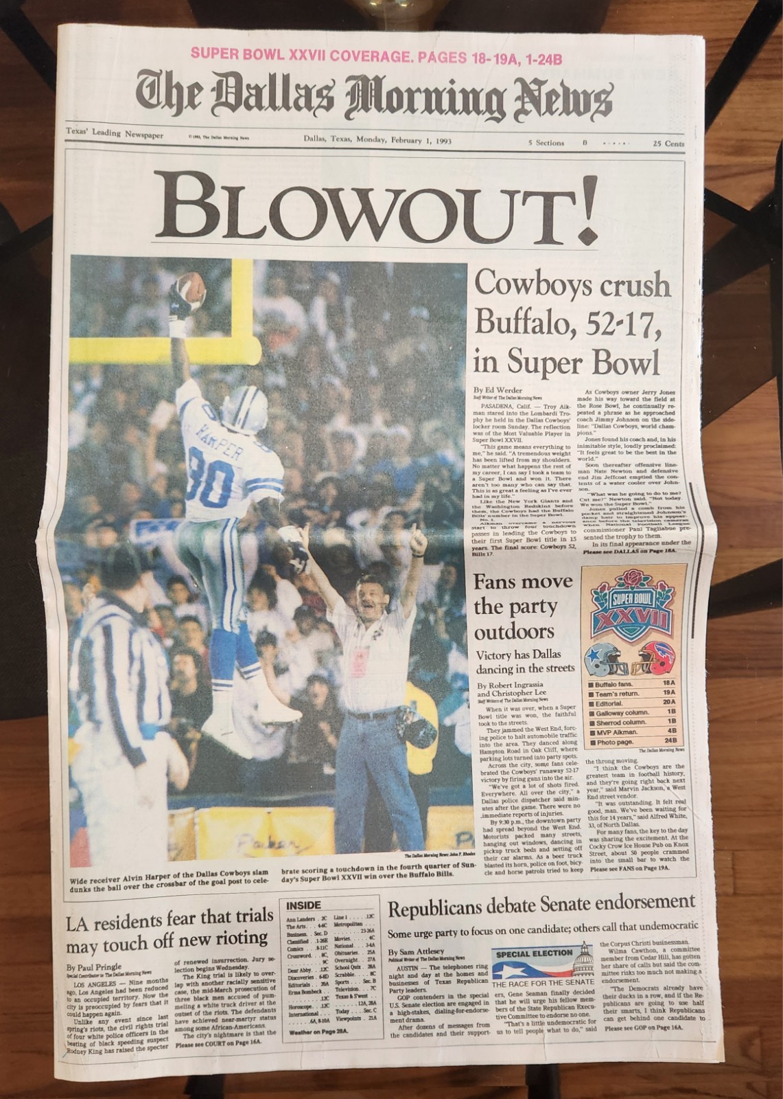 Dallas Morning News Cowboys Newspaper. Feb l, 1993 Super Bowl Champs-Blowout