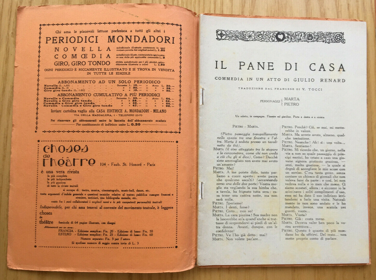MONDADORI COMEDIA PERIODICO COMEDIA E VITA TEATRALE N° 19 1922 G. RENARD 2/19