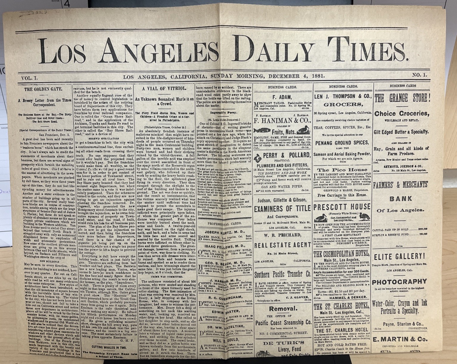 Los Angeles LA Times Newspaper No. 1 Vol. 1 Reproduction December 4, 1881