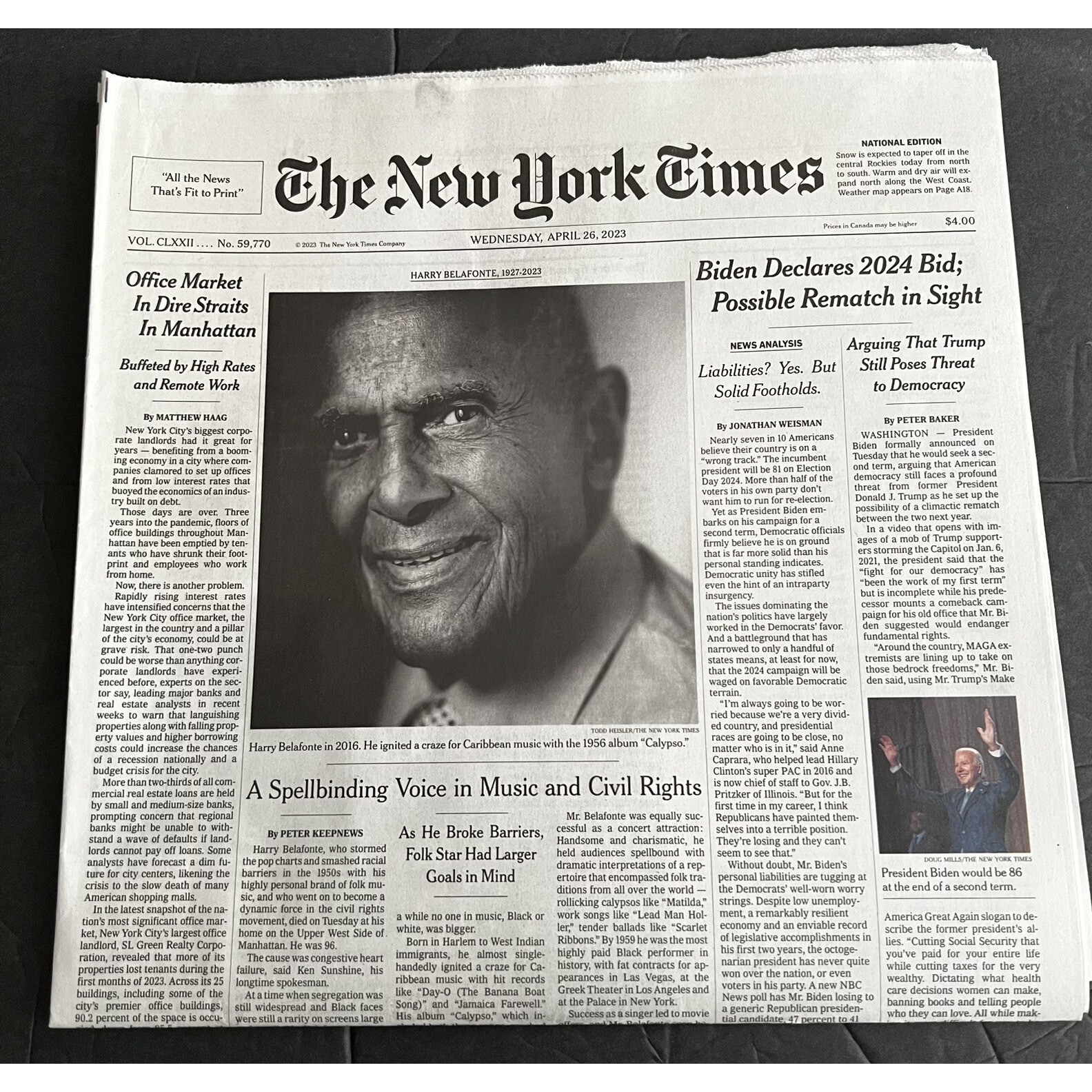 The New York Times Newspaper HARRY BELAFONTE 1927-2023 April 26 2023 Wednesday