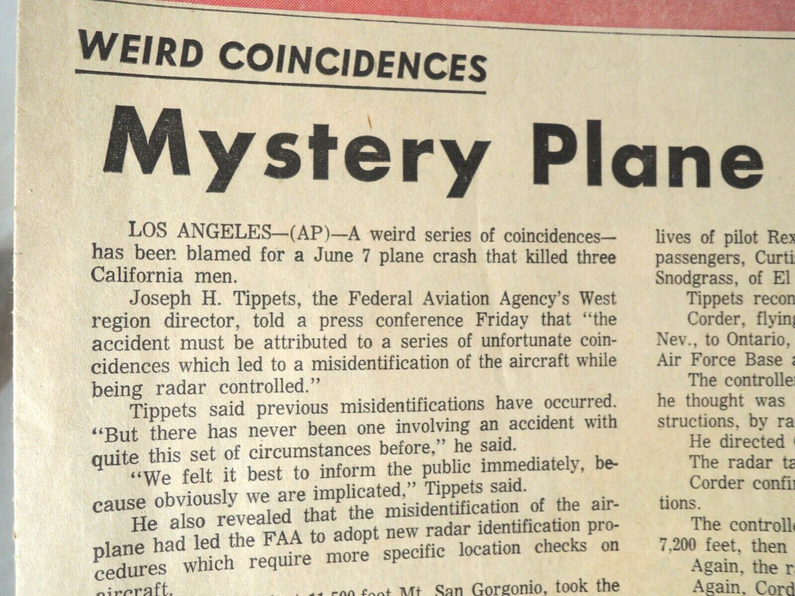 Newspaper 1964 California Plane Crash Mt San Gorgonio Ontario Airpt. Denver Post