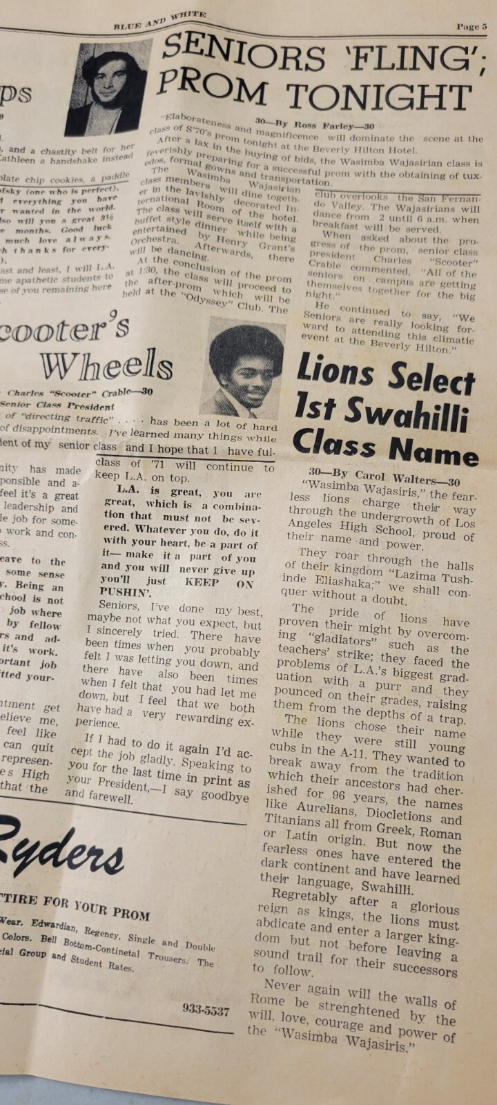 Vintage Rare 1970 LA High School Americana Wassimba Wajasiris Black Newspaper