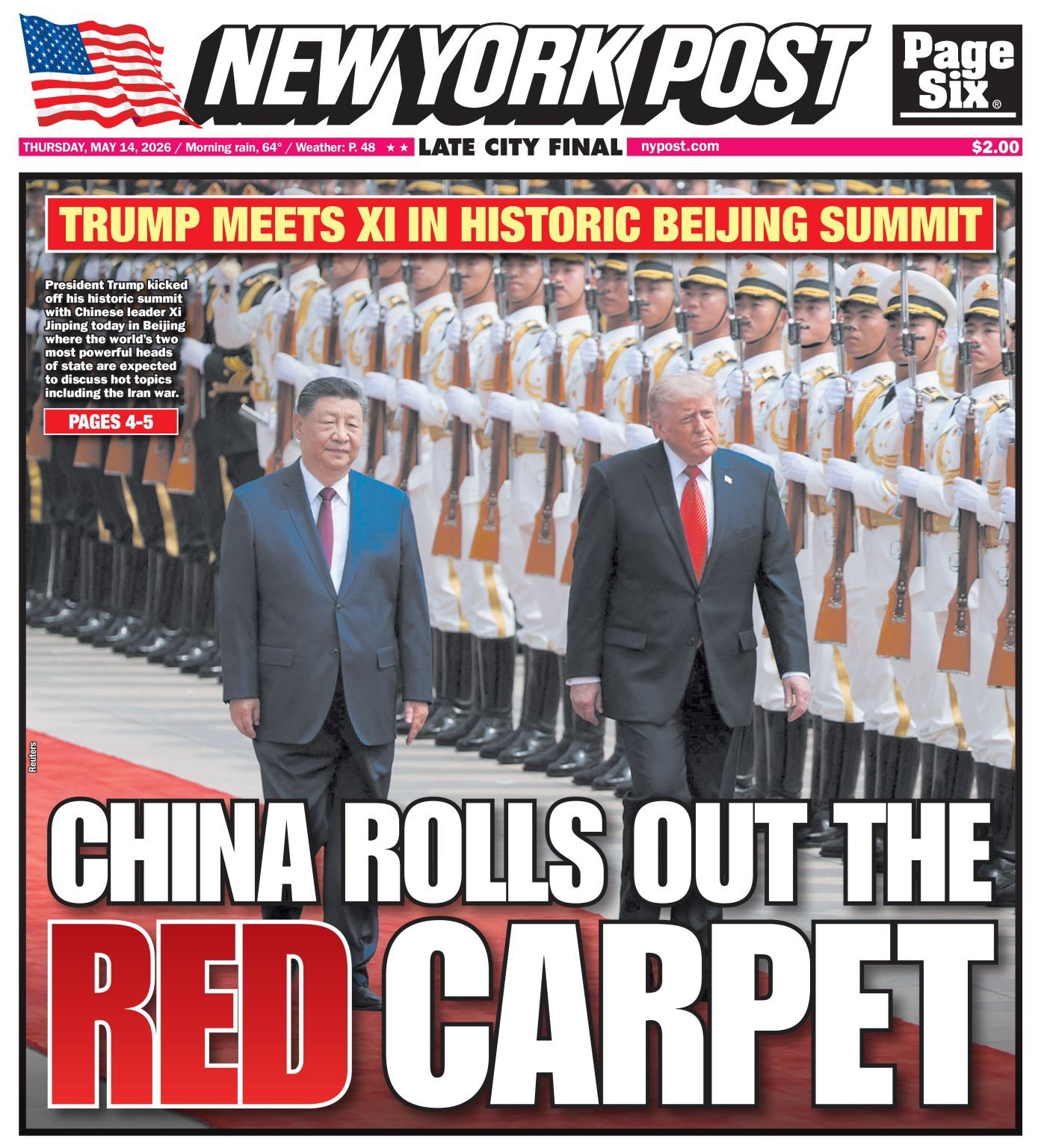 CHINA ROLLS OUT RED CARPET FOR TRUMP – NY POST 5/14/2026
