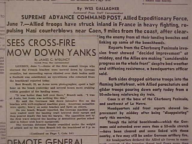 VINTAGE NEWSPAPER HEADLINES~ WORLD WAR 2 D-DAY INVASION FRANCE BEACH WWII 1944