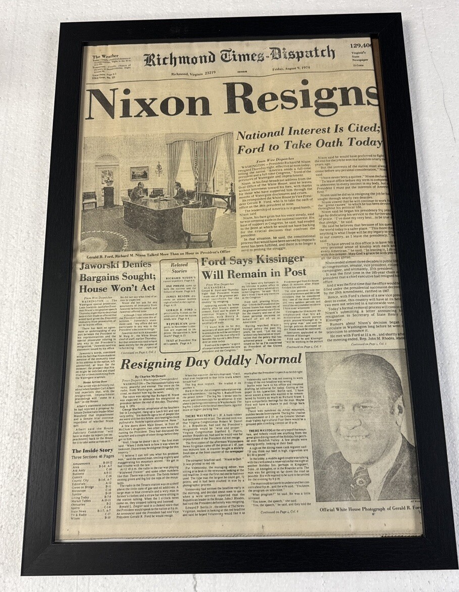 President Nixon RESIGNS! Framed Richmond Times Dispatch NewsPaper August 9, 1974