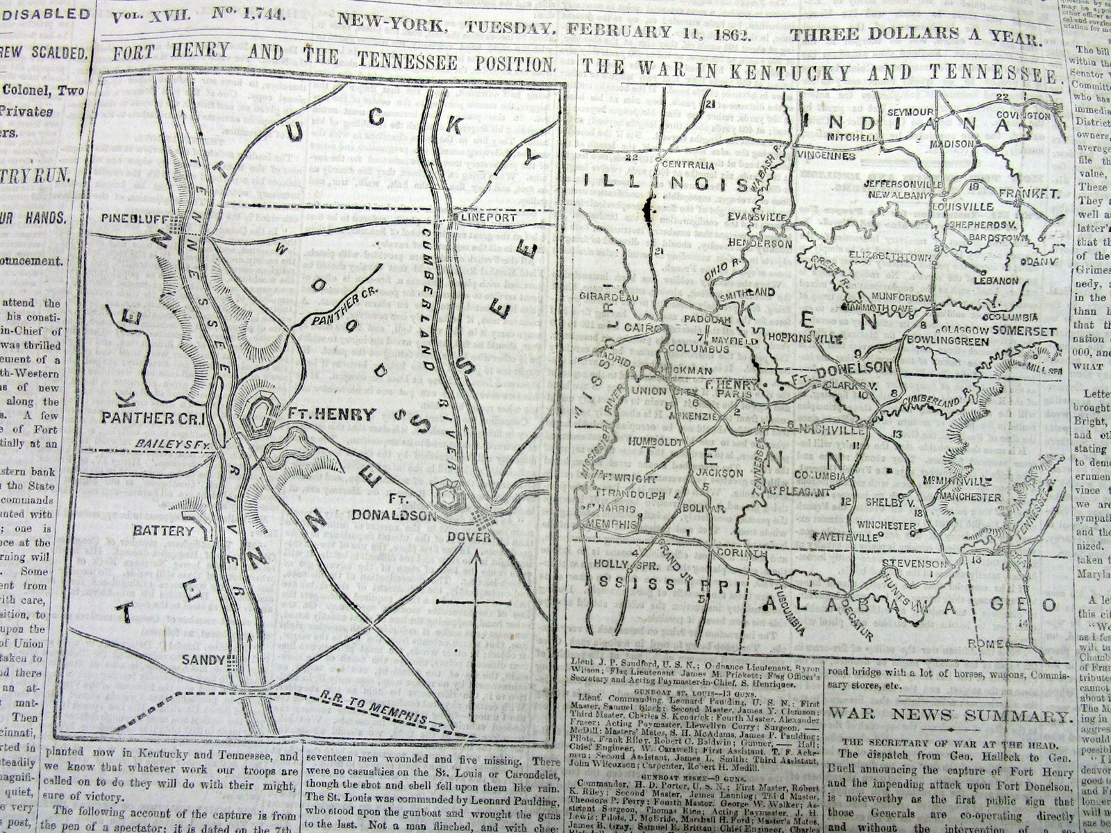 1862 Civil War newspaper w the Capture of FT HENRY & MAP of Kentucky & Tennessee