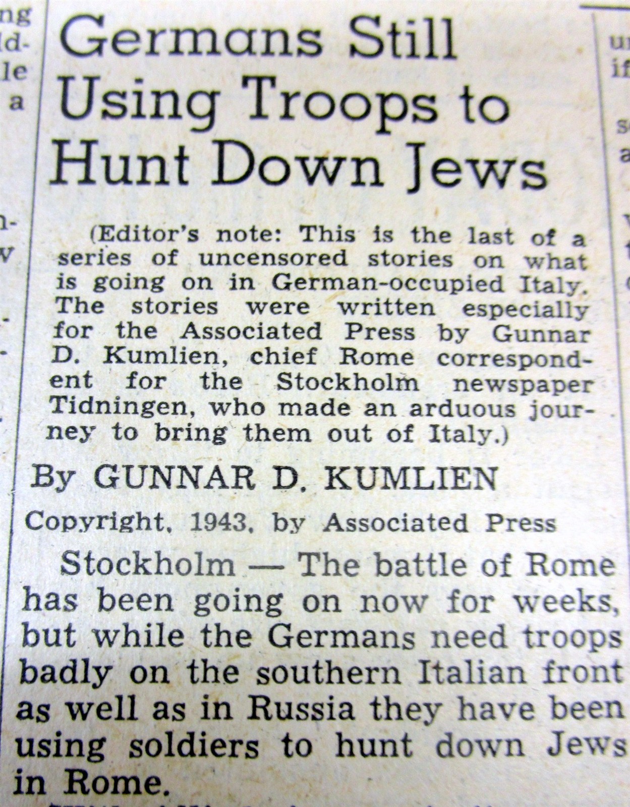 1943 WW II newspaper NAZI FORCES HUNT down JEWS IN ROME Italy durngTHE HOLOCAUST