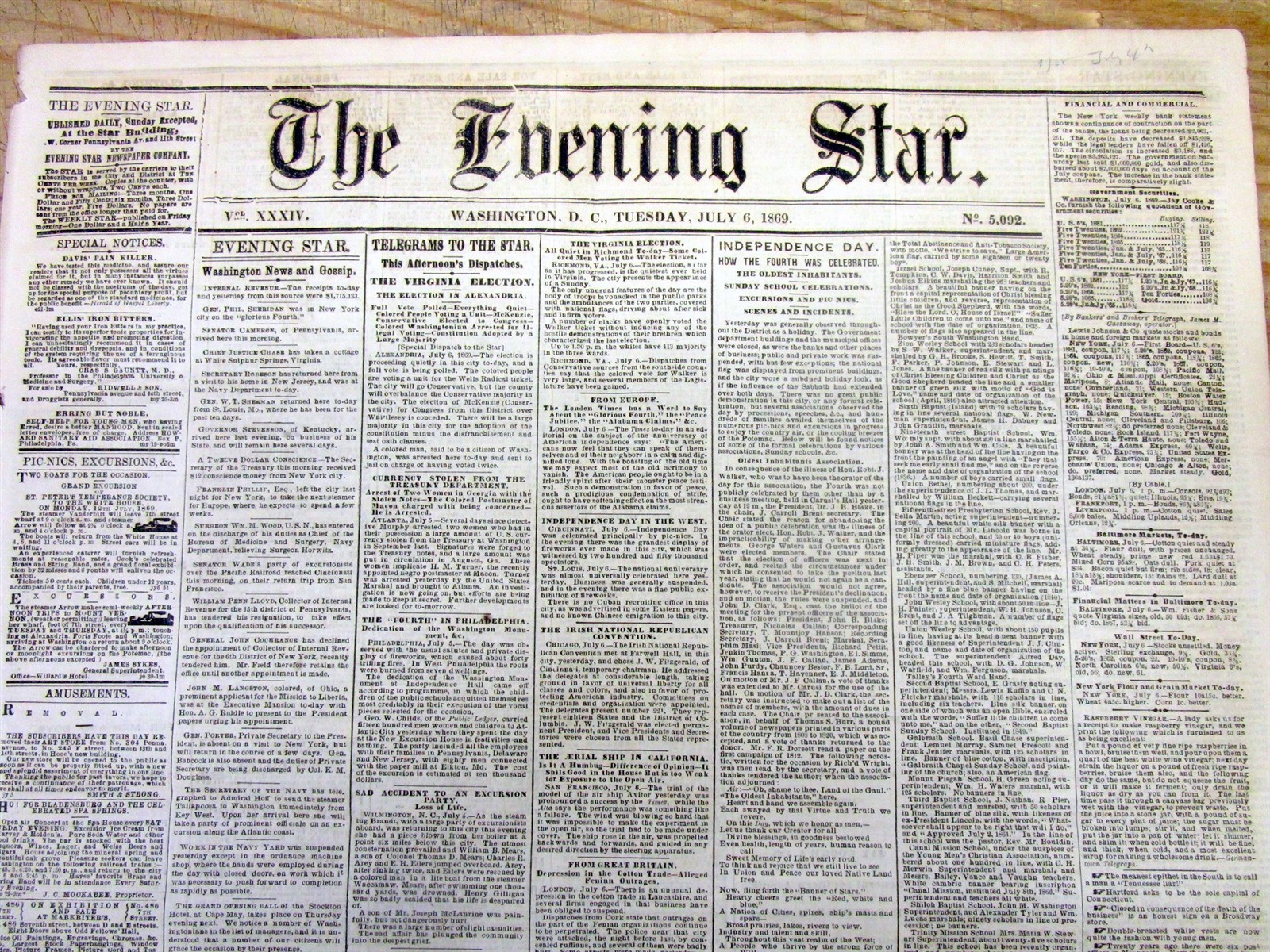 1869 Washington DC newspaper July 4th INDEPENDENCE DAY celebration 155 years ago
