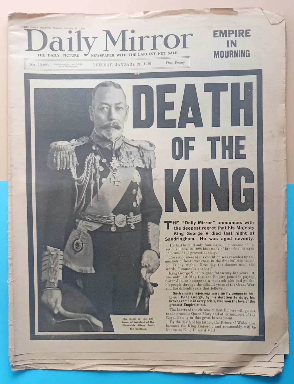 Jan 21 1936 Daily Mirror Newspaper George V Death Long Live Edward VIII Mourning