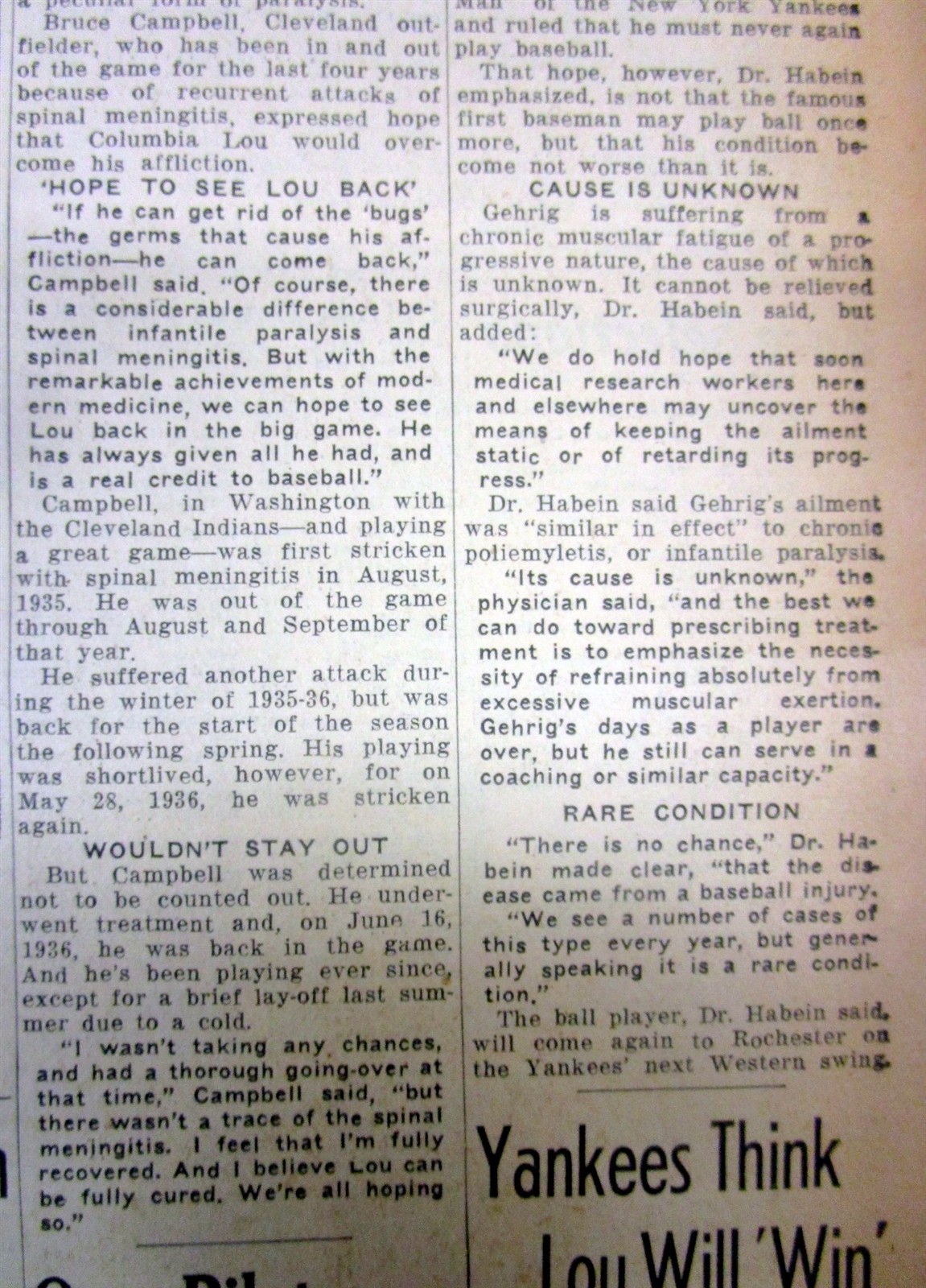 1939 display newspaper LOU GEHRIG DIAGNOSED WITH FATAL DISEASE & QUITS BASEBALL