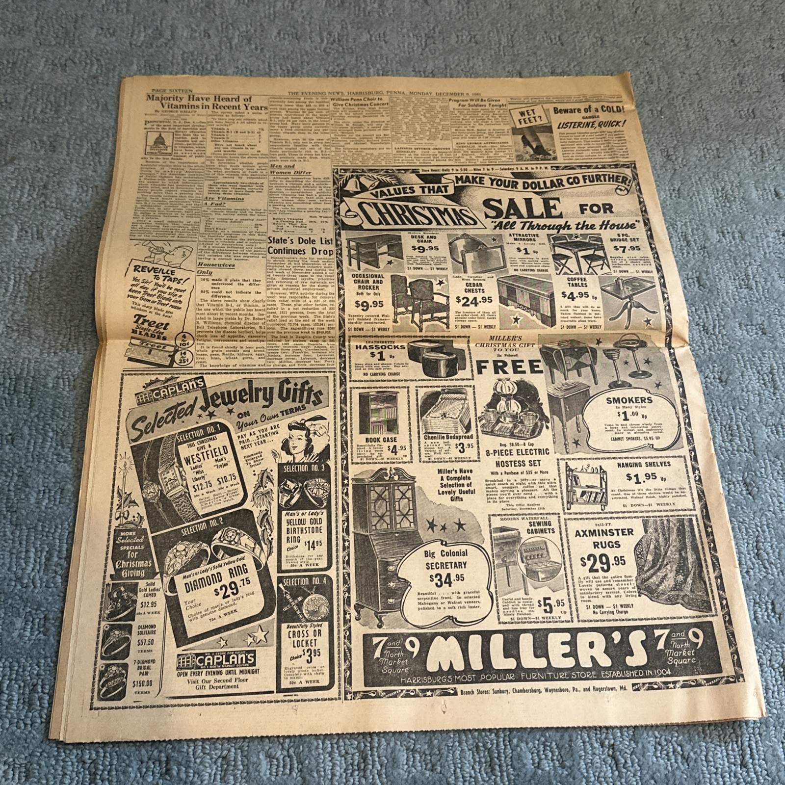 Dec 8 1941 The Evening News Newspaper Japan Attacks Pearl Harbor Harrisburg PA