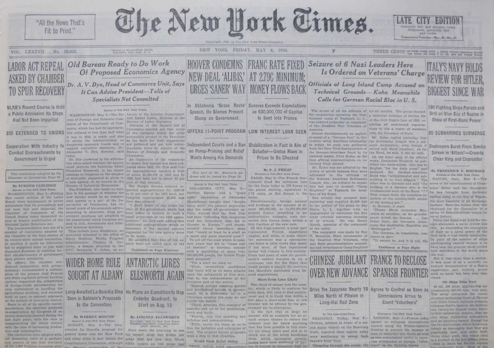 5-1938 May 6 ITALY’S NAVY HOLDS HITLER BIGGEST REVIEW; FRANCO SPAIN CIVIL WAR.