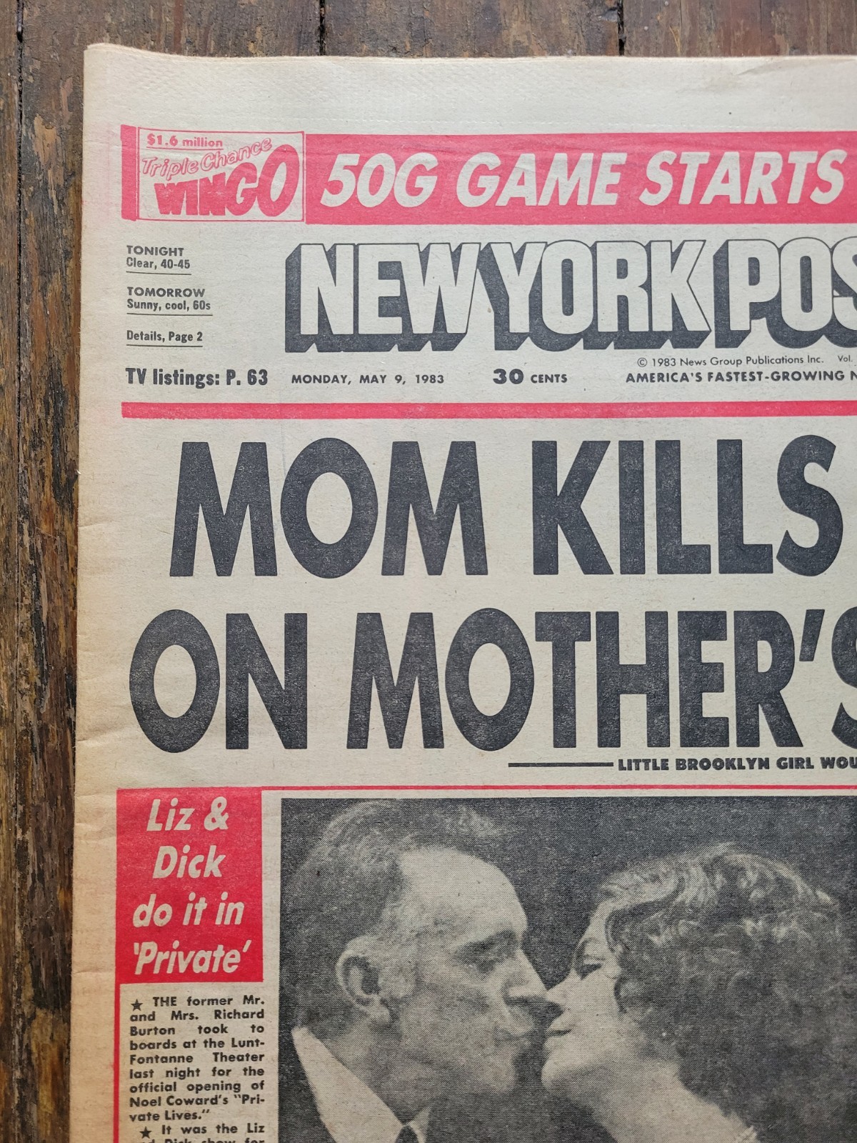 New York Post Newspaper, May 9, 1983, Mom Kills Tot Mother’s Day, Liz & Dick