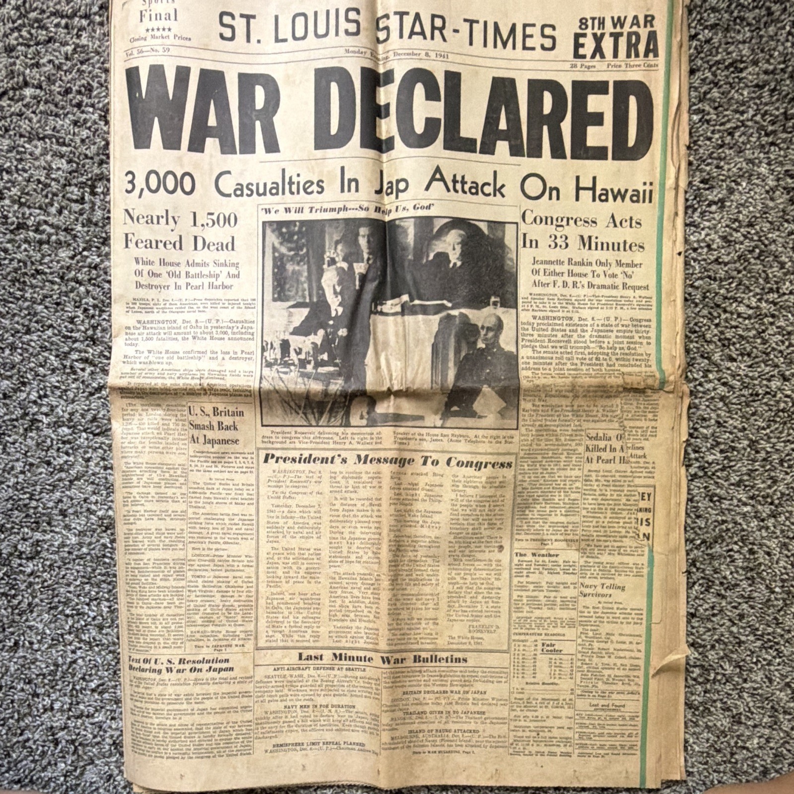 St Louis Star-Times Dec 8 1941 8th War Extra Pearl Harbor War Declared WWII