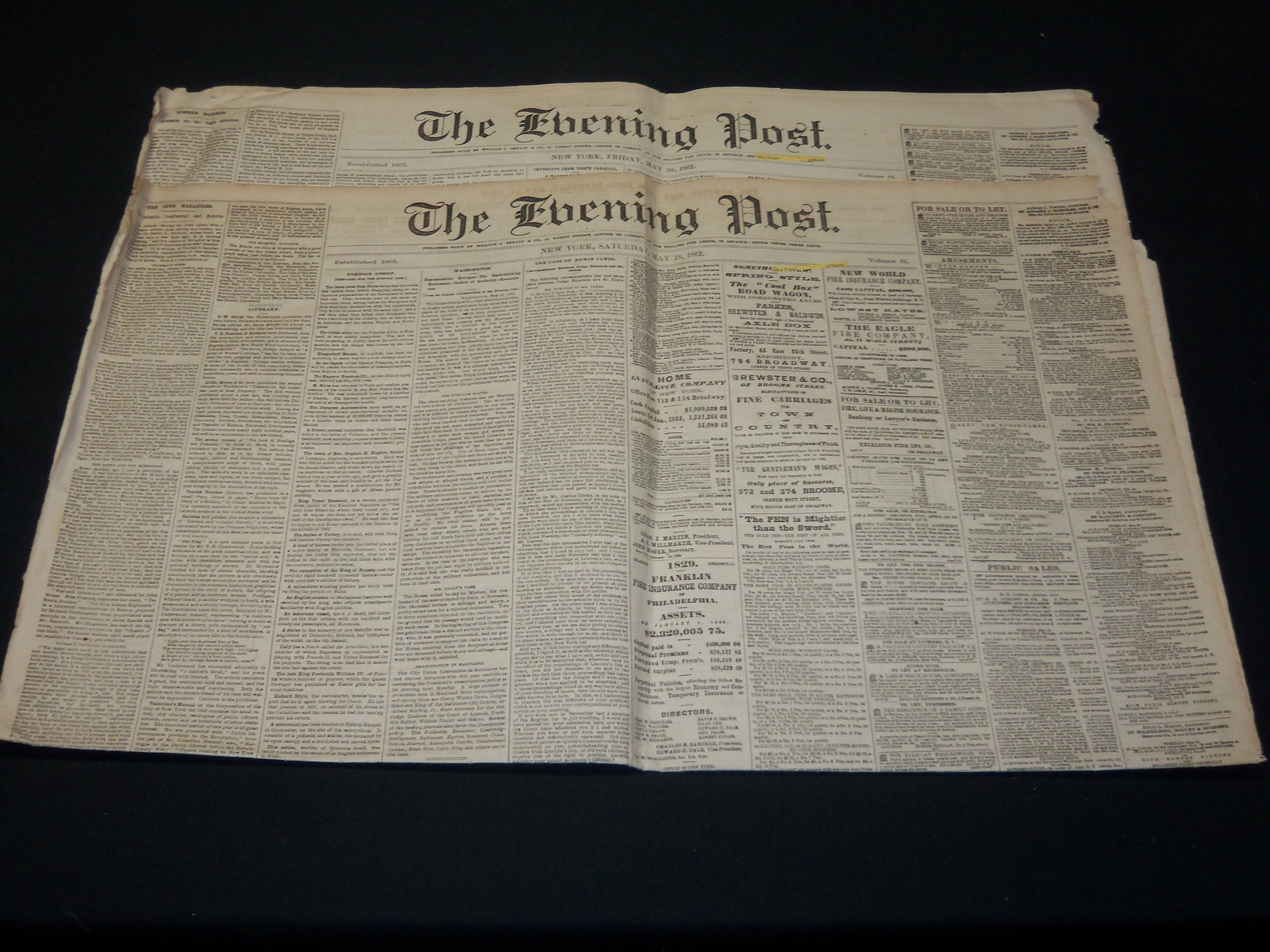 1862 MAY 24 & 30 THE EVENING POST NEWSPAPER LOT OF 2 – CIVIL WAR – NP 4942