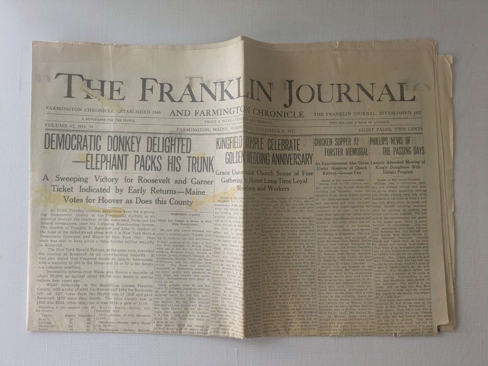 FDR Roosevelt Wins! – The Franklin Journal Newspaper Nov 9, 1932 Maine