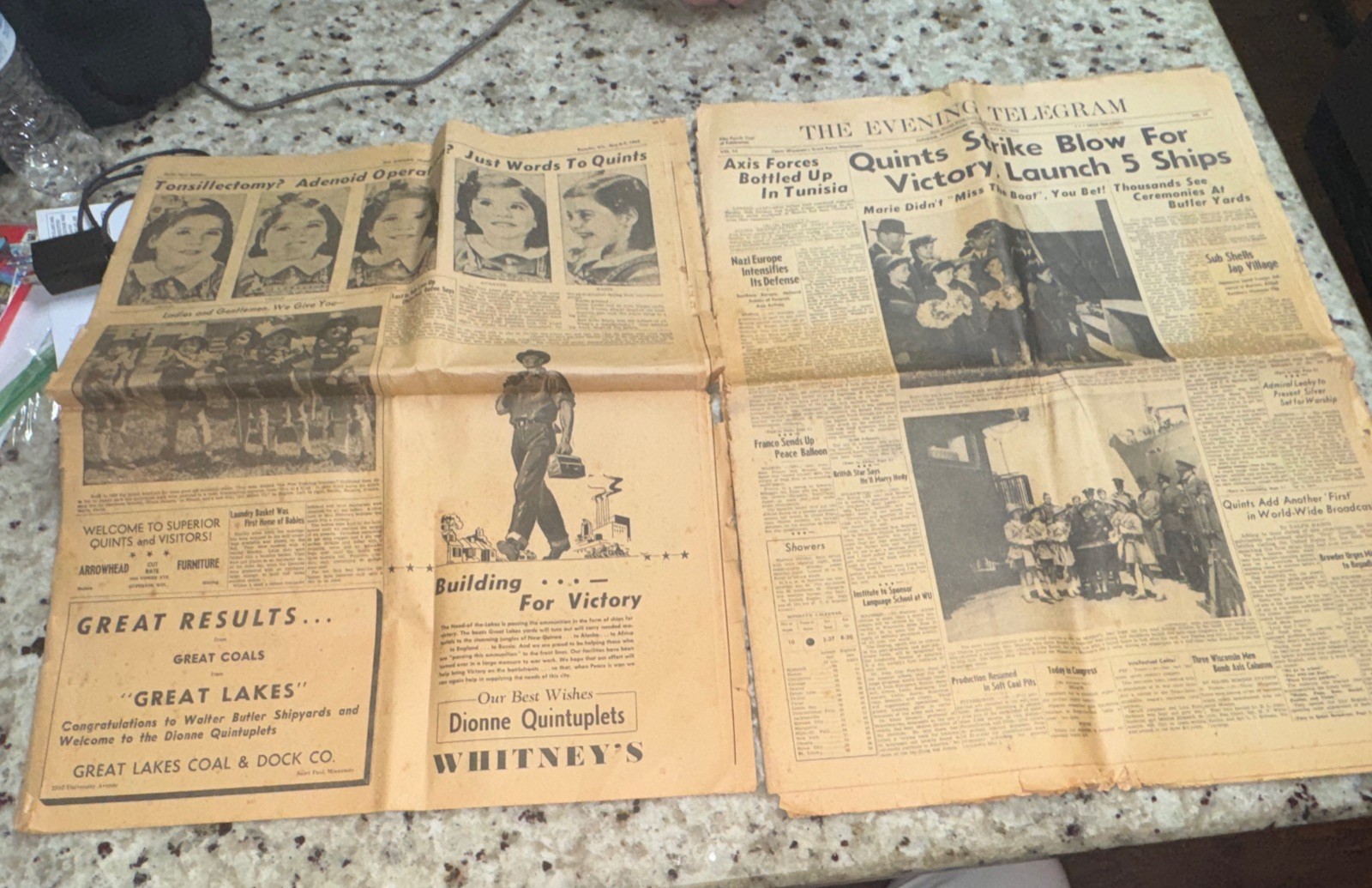 Vtg The Evening Telegram Newspaper Superior, Wisconsin May 8-10, 1943 WW2 Quints