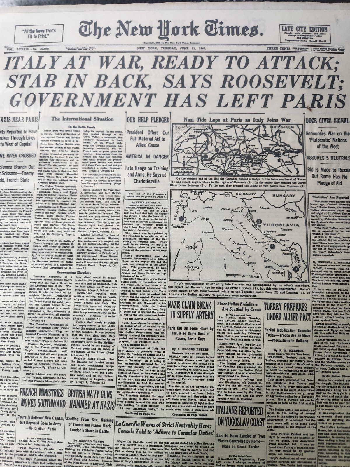 The New York Times June 11, 1940 Italy at War, Ready to Attack on Cardboard