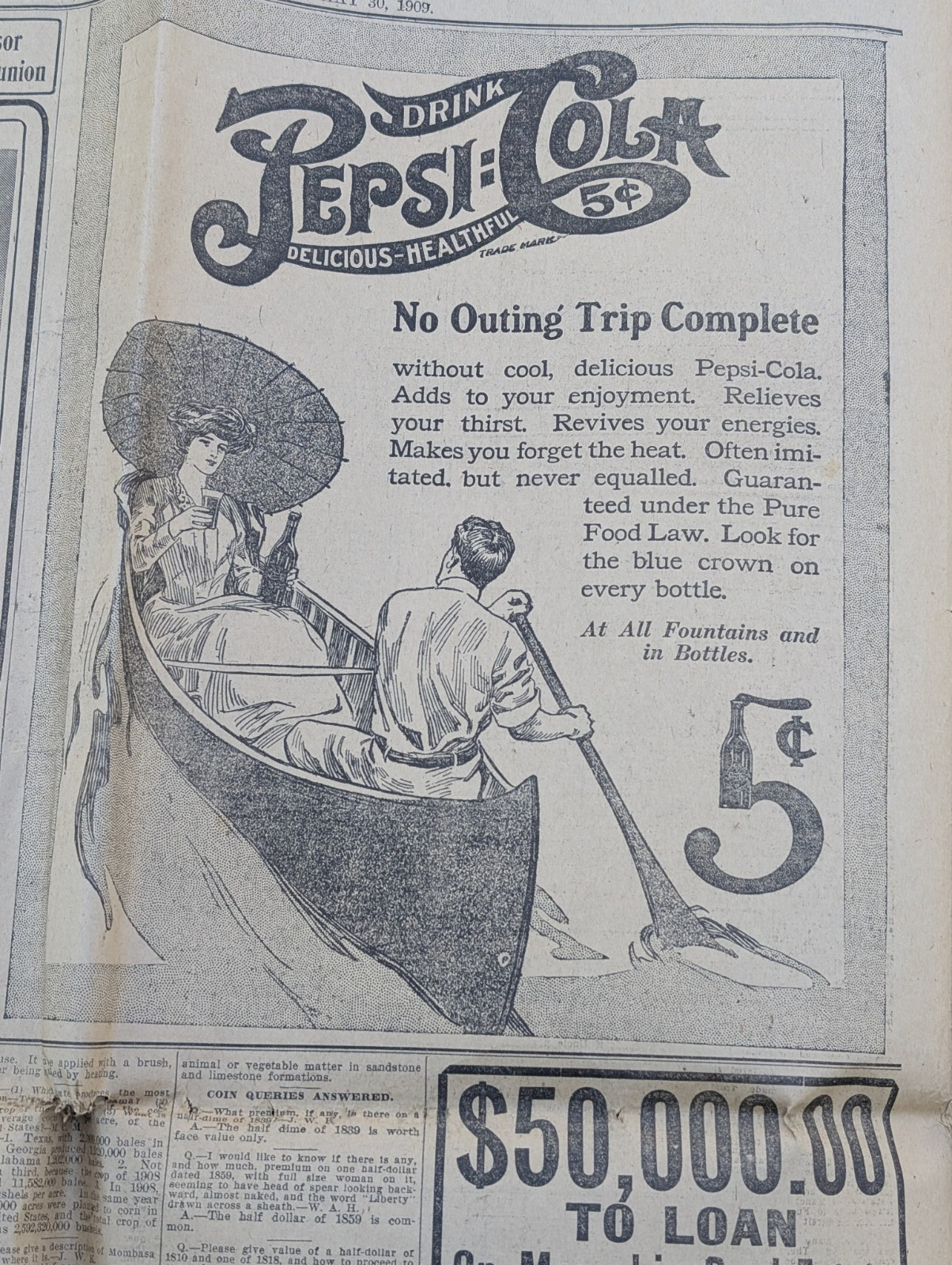 1909 MEMPHIS TENNESSEE COMMERCIAL APPEAL UCV REUNION CAR ADS COCA COLA PEPSI ADS