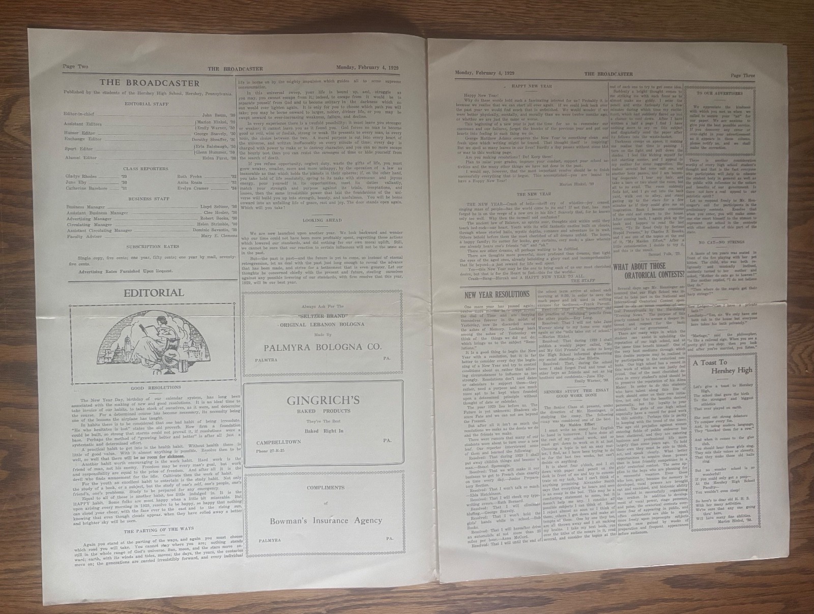 1929 Hershey PA High School Newspaper The Broadcaster Basketball Choclatier