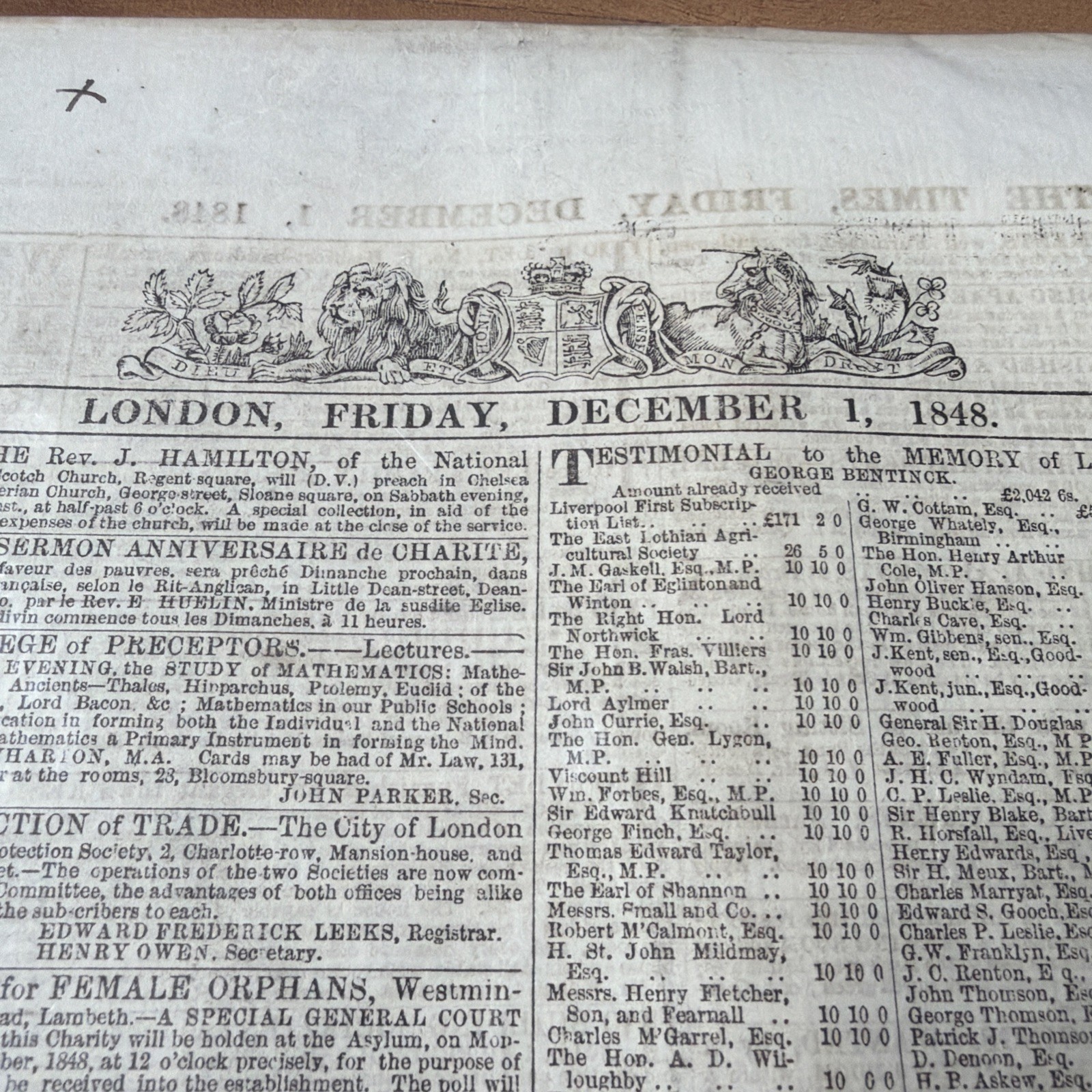 December 1 1848 THE LONDON TIMES Antique Early Victorian ORIGINAL Newspaper