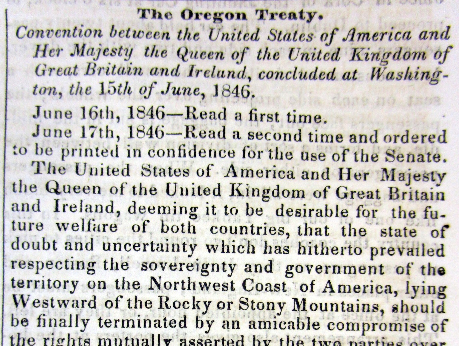 1846 newspaper OREGON TREATY between the US & Great Britain marks CANADA border