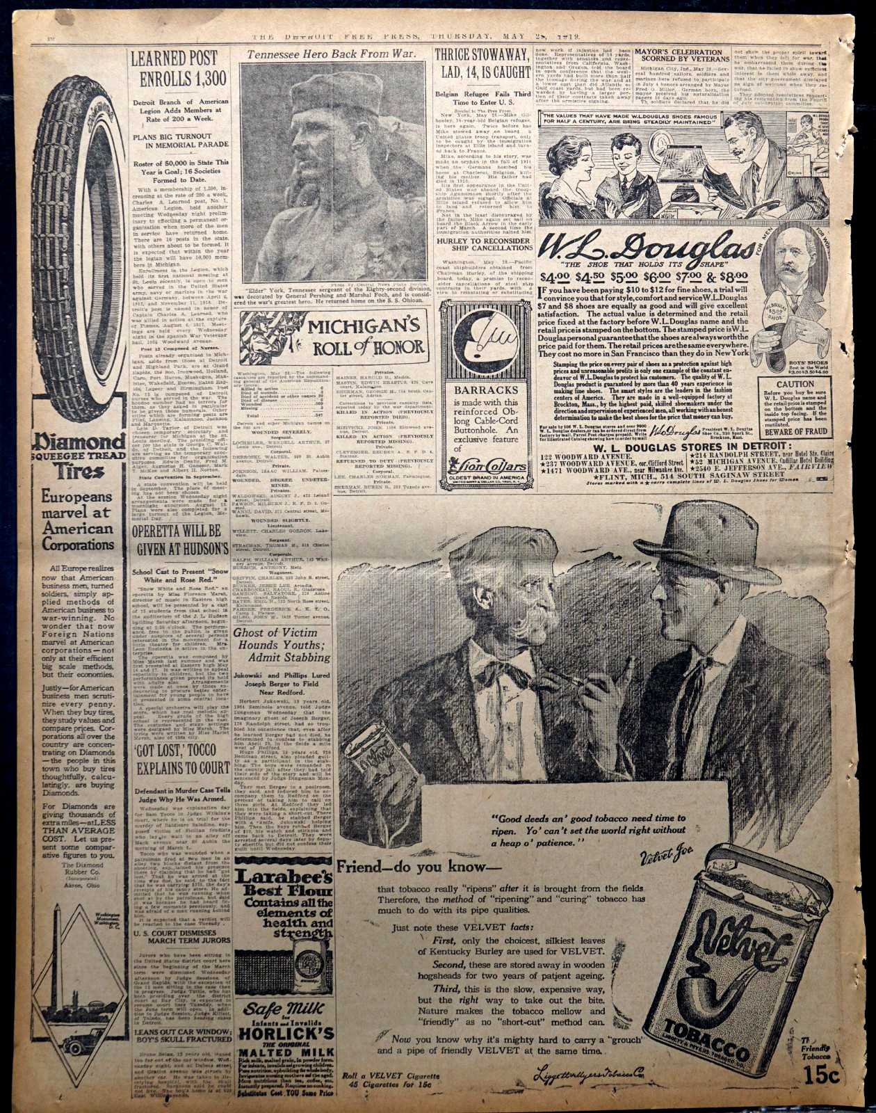 1919 Newspaper Page – WW1 Tennessee Hero Sergeant Alvin York Back From War