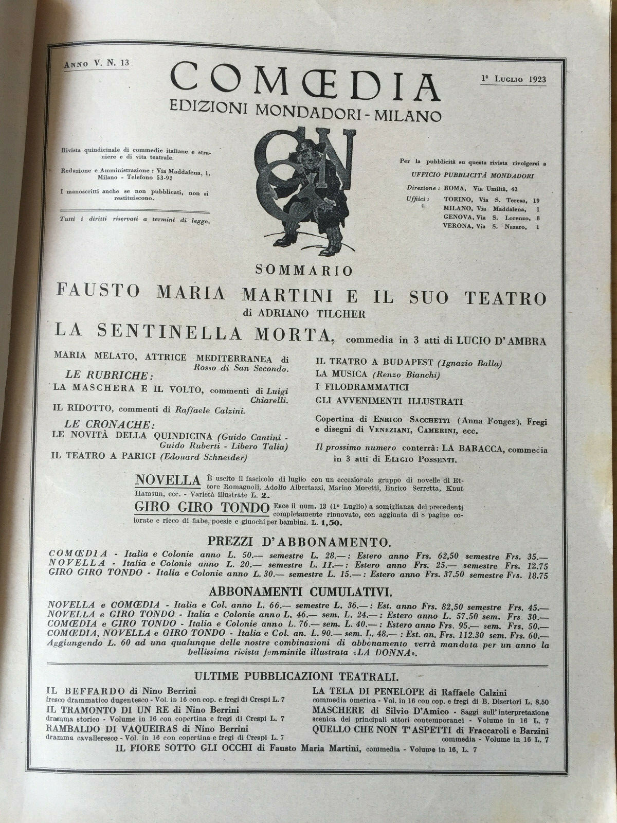 MONDADORI COMEDY PERIODICO COMEDIA E VITA THEATRALE N° 13 1923 A. TILGHER 2/19