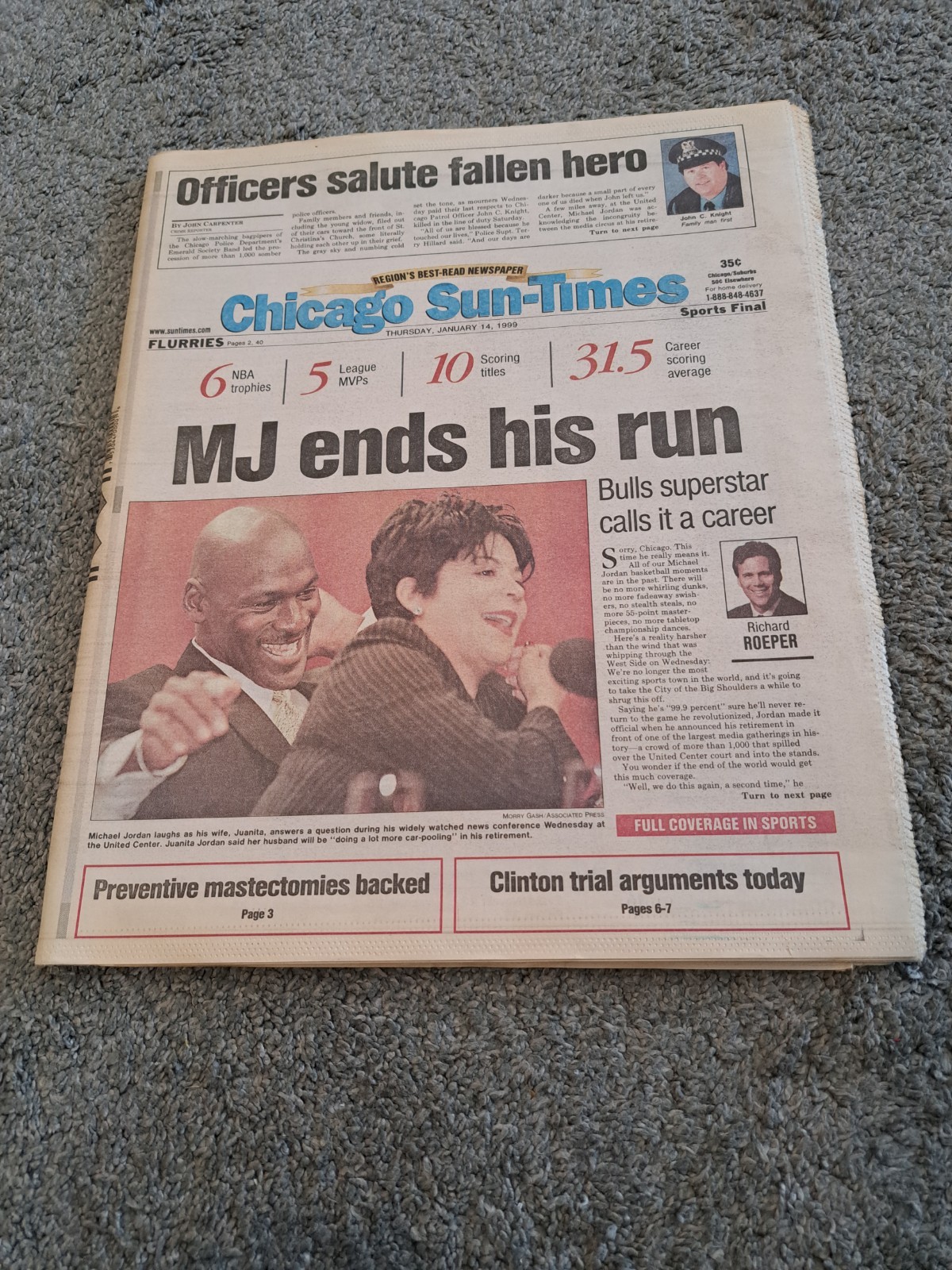 January 14 1999 Chicago Sun-Times Newspaper Michael Jordan Retirement Bulls