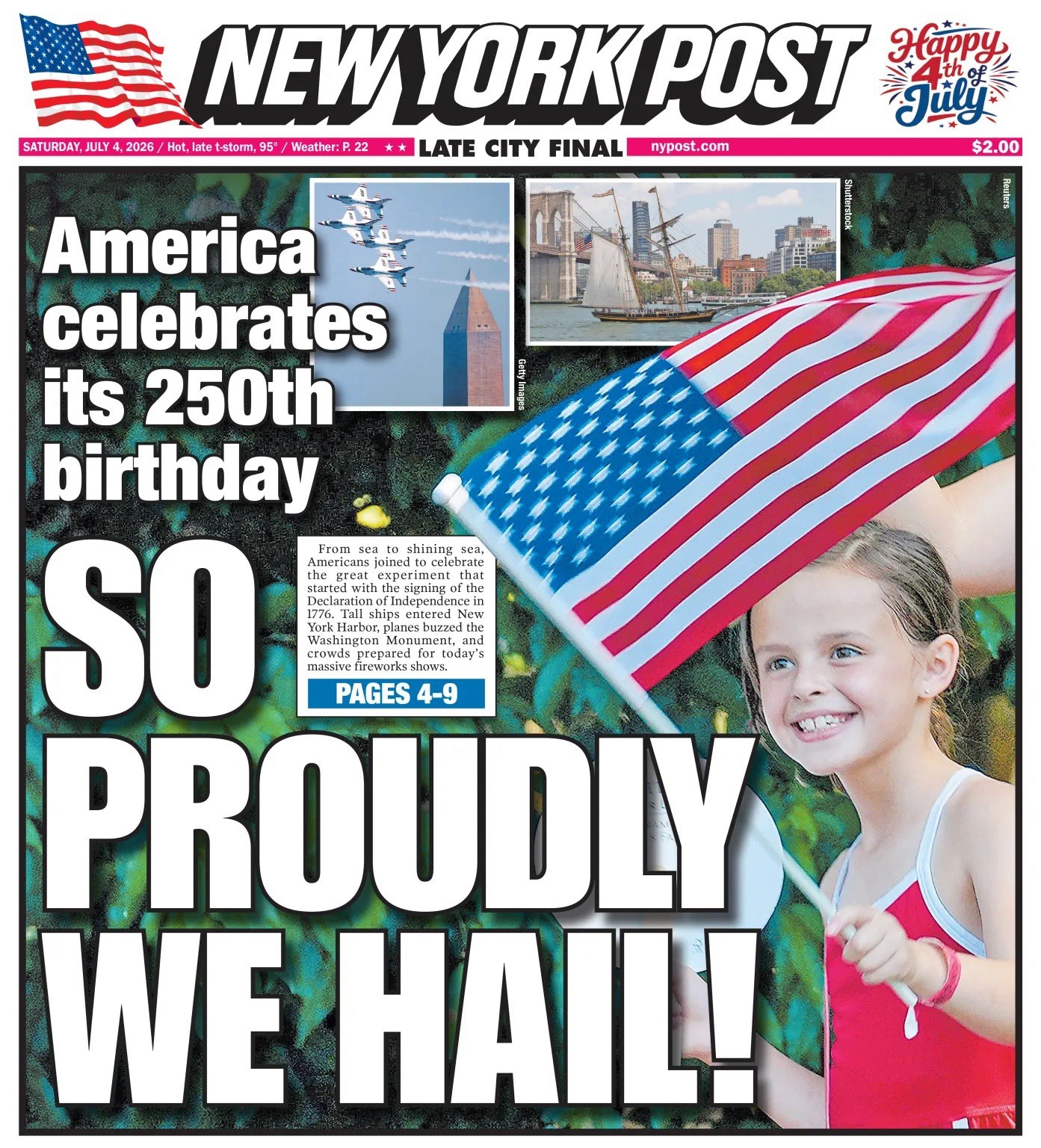 2026 NY POST America 250th Birthday 7/4 New York City Newspaper July 4th 250