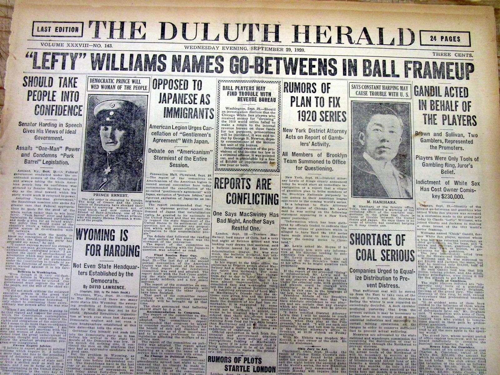1920 hdln newspaper BLACK SOX BASEBALL WORLD SERIES SCANDAL Shoeless Joe Jackson