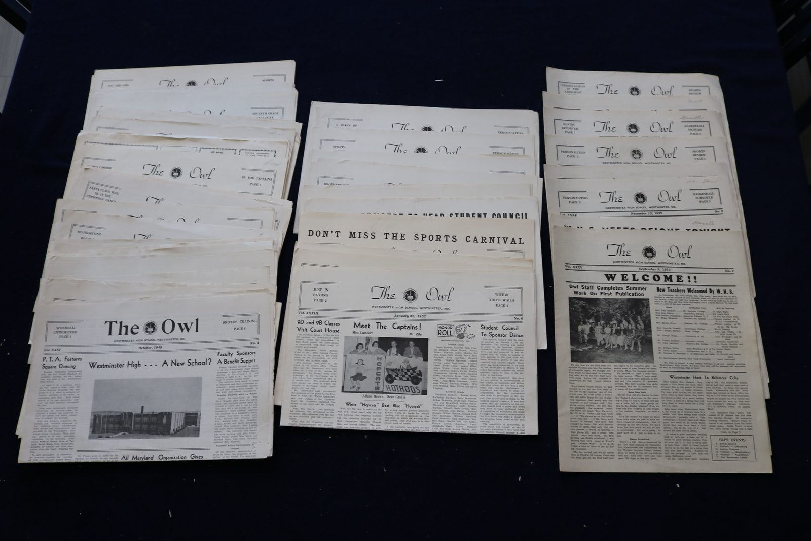1949-1954 THE OWL NEWSPAPER – WESTMINSTER (MD) HIGH SCHOOL – LOT OF 48 – NP 8905