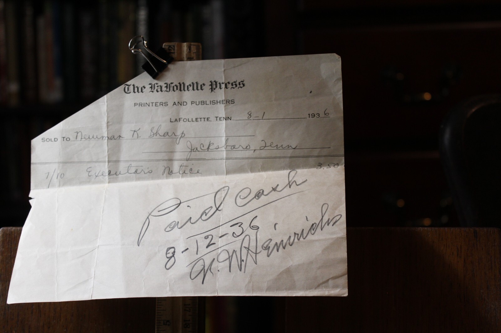 1936 Receipt The LaFollette Press Tennessee
