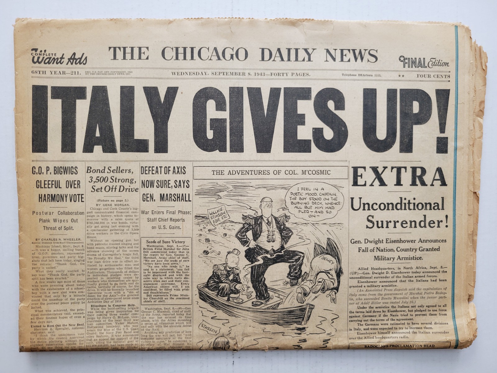 1943 Sep 8: World War II ITALY GIVES UP Chicago Daily News + ORSON Weds HAYWORTH