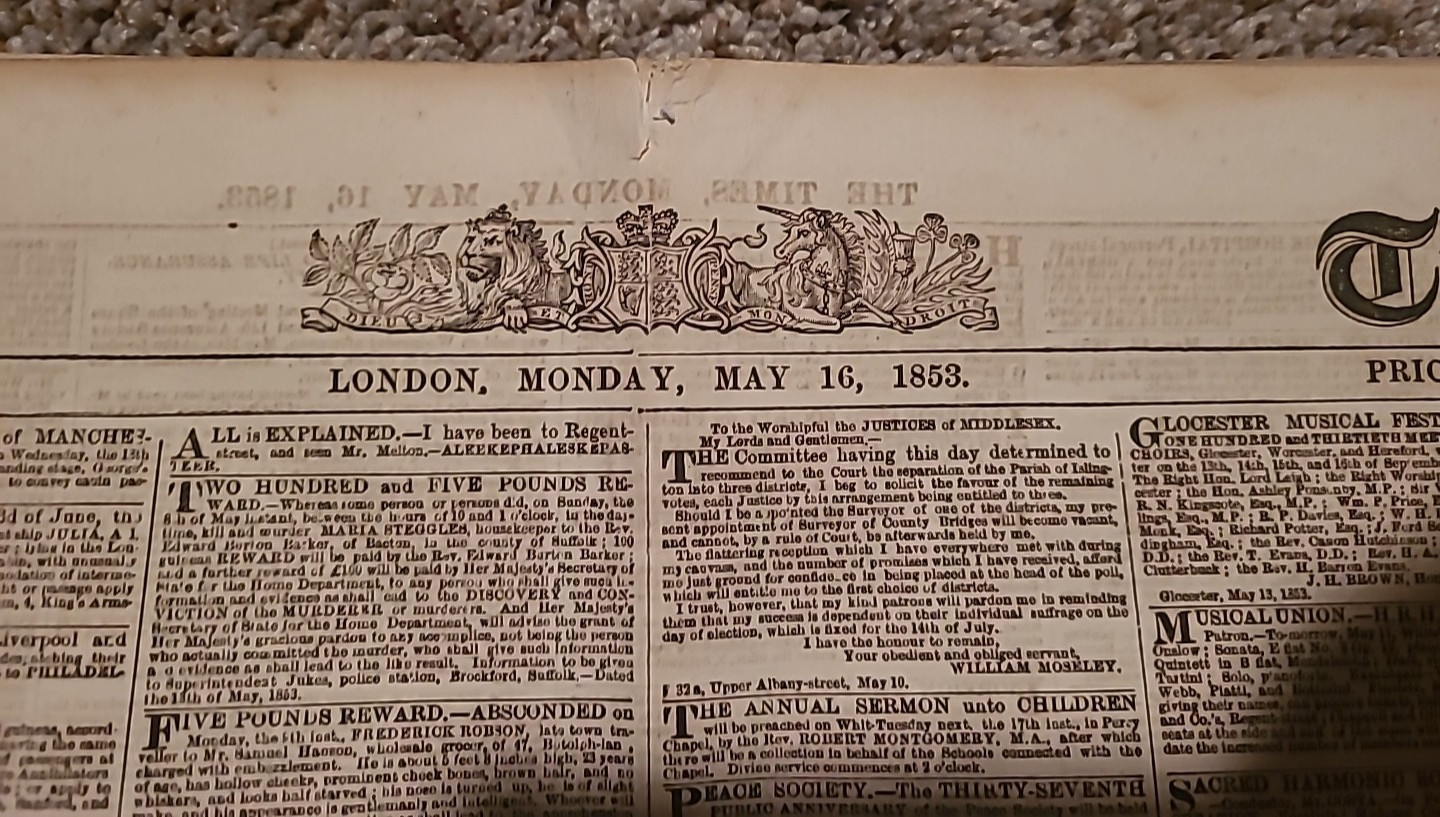 THE TIMES LONDON ANTIQUE 1853 NEWSPAPER COMPLETE Original May 16th Ephemera