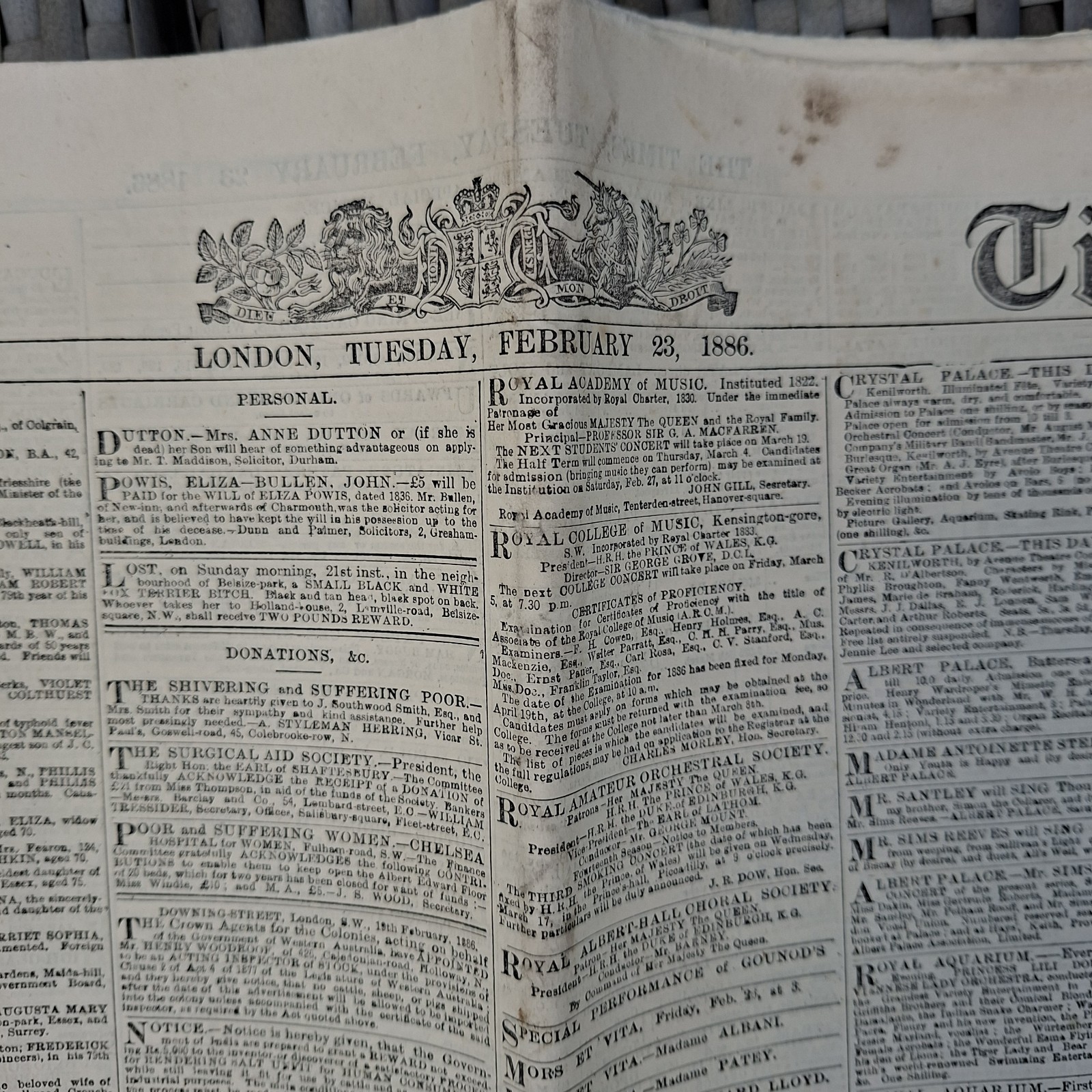 ​THE TIMES Newspaper London Tuesday February 23, 1886 Original Antique Victorian