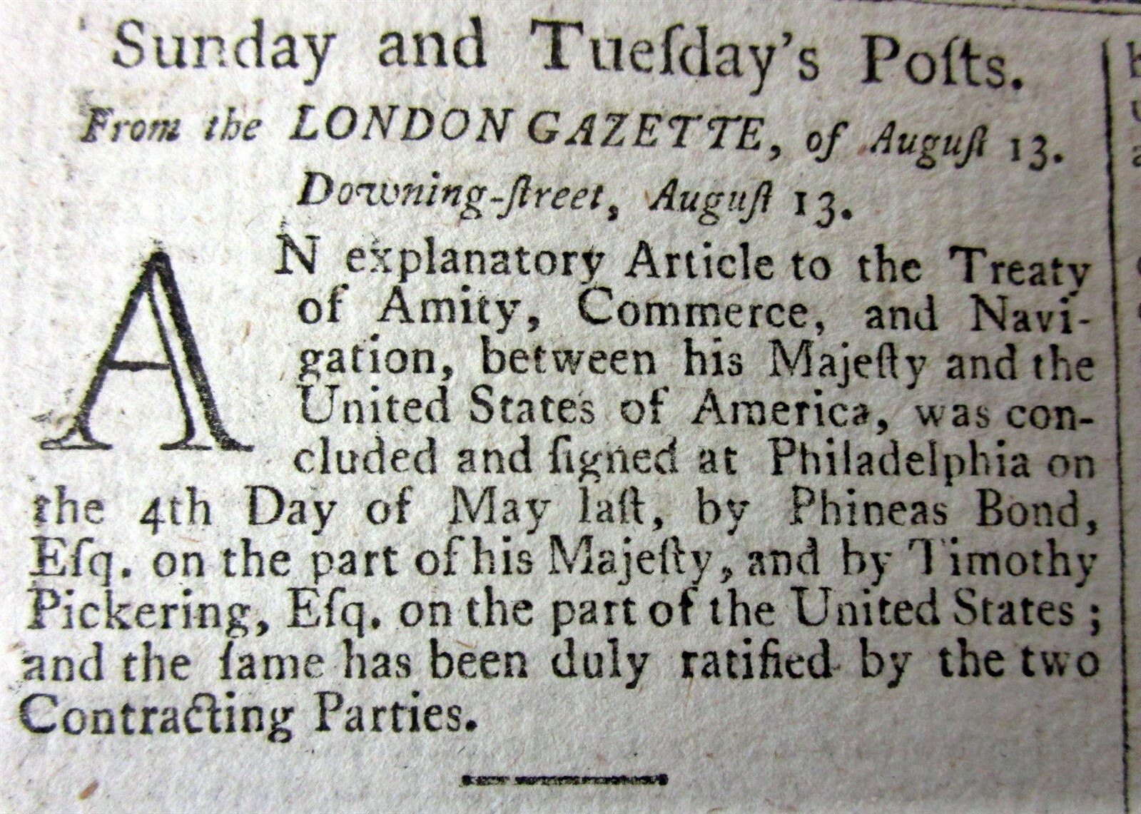 1796 newspaper Alexander Hamilton JAY TREATY RATIFIED by Great Britain & the US