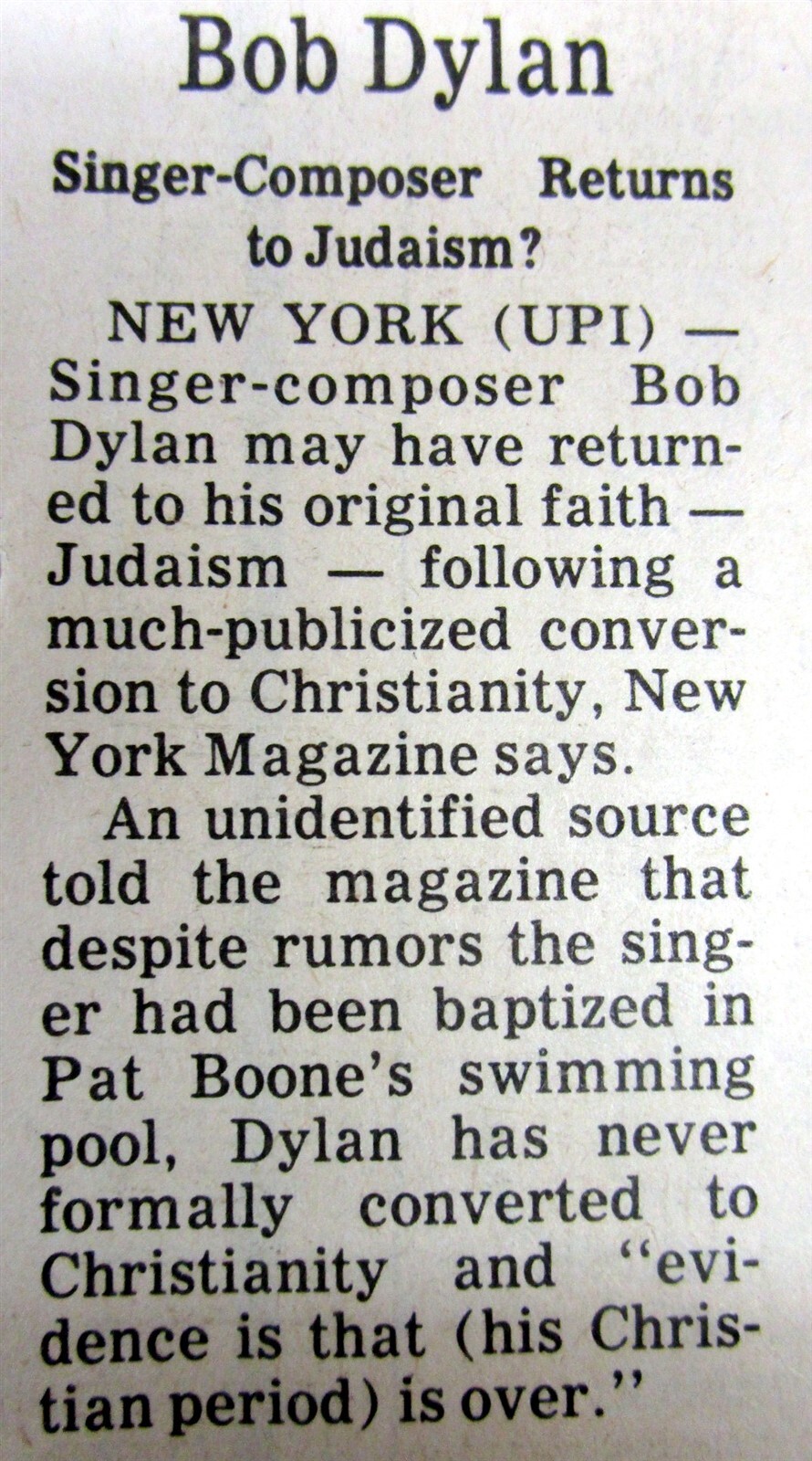 1982 newspaper with Rumor of BOB DYLAN returning to JUDAISM from CHRISTIANITY