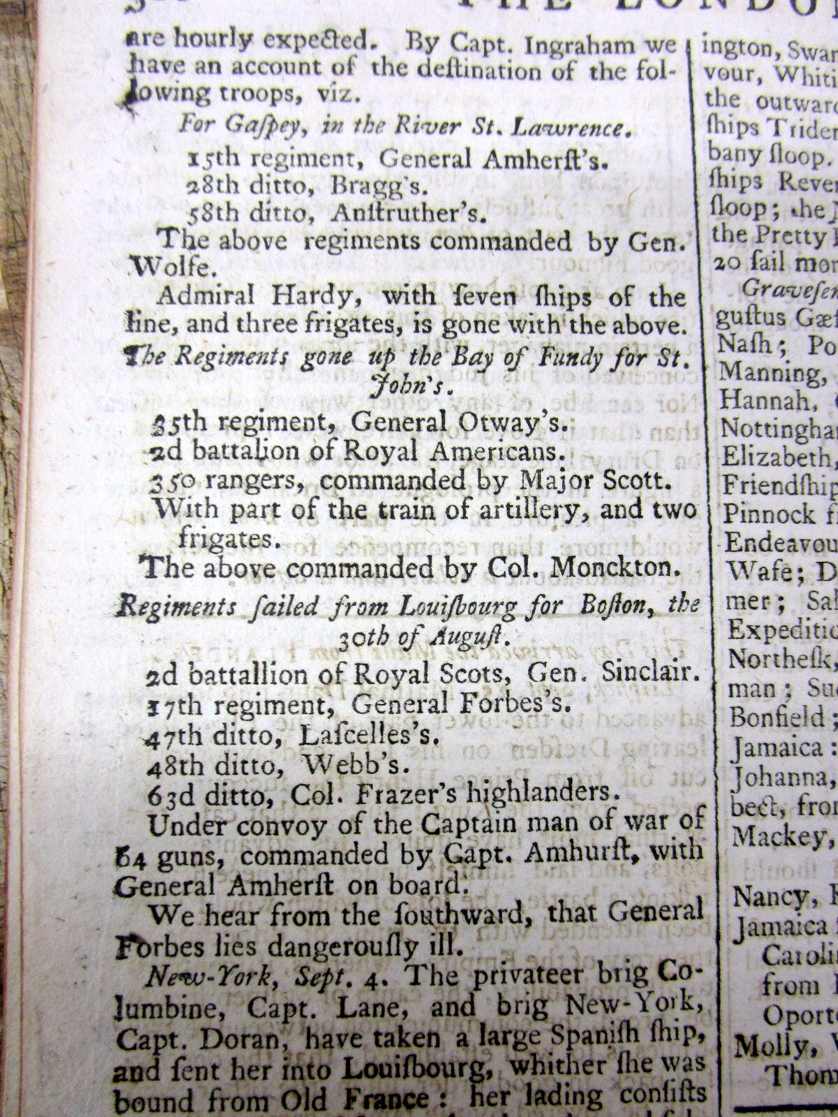 1758 FRENCH & INDIAN WAR newspaper FORT FRONTENAC CAPTURED Siege of Louisbourg