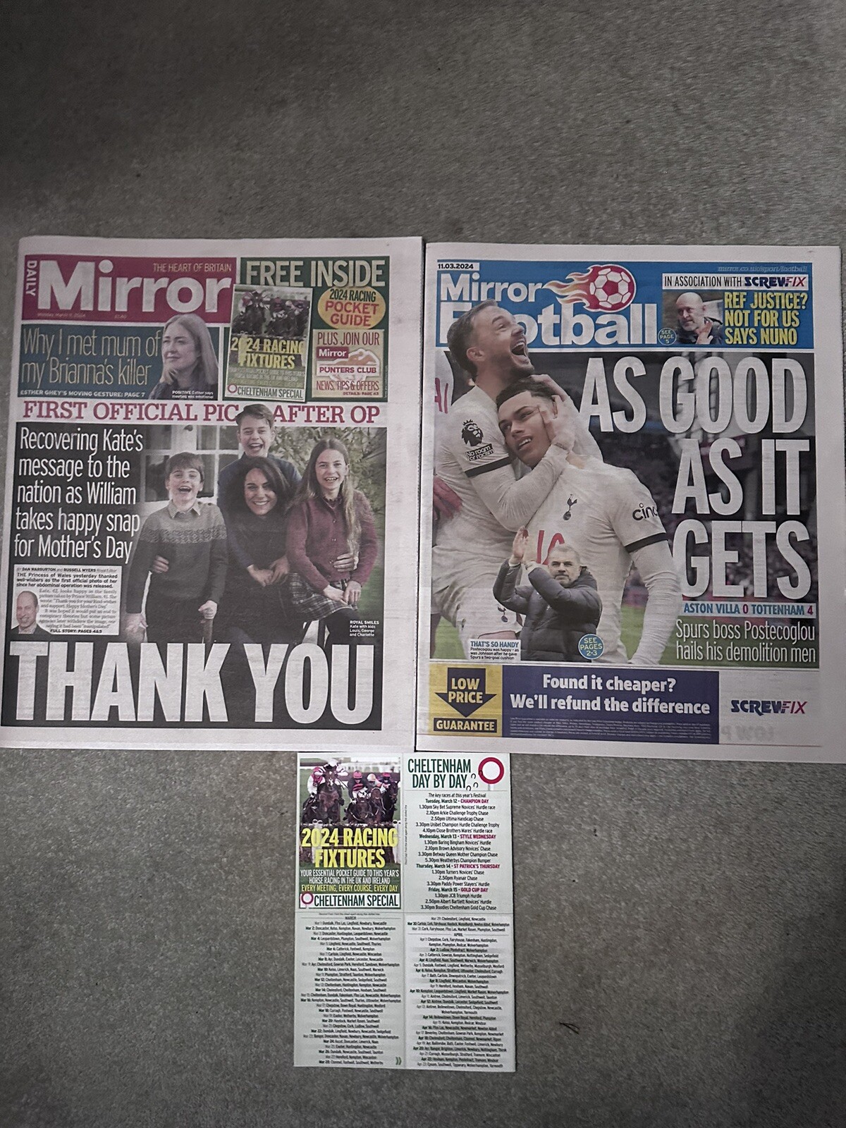 Daily Mirror 11th March 2024 11/3/24 Princess Of Wales Photo & Racing Fixtures