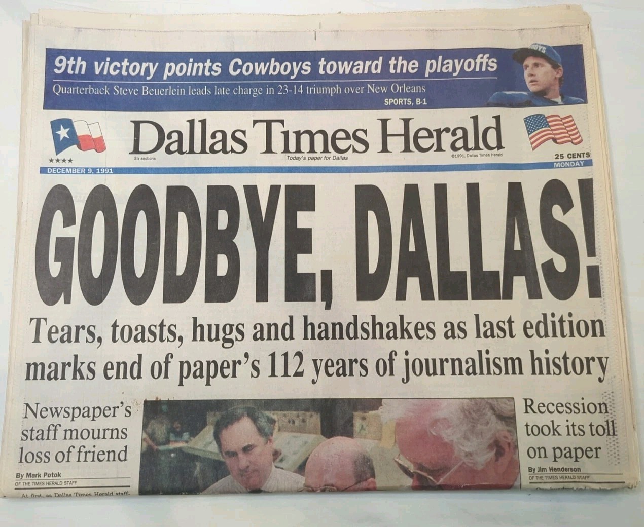 Dallas Times Herald December 9 1991 Goodbye Dallas Last Newspaper. Never Read.